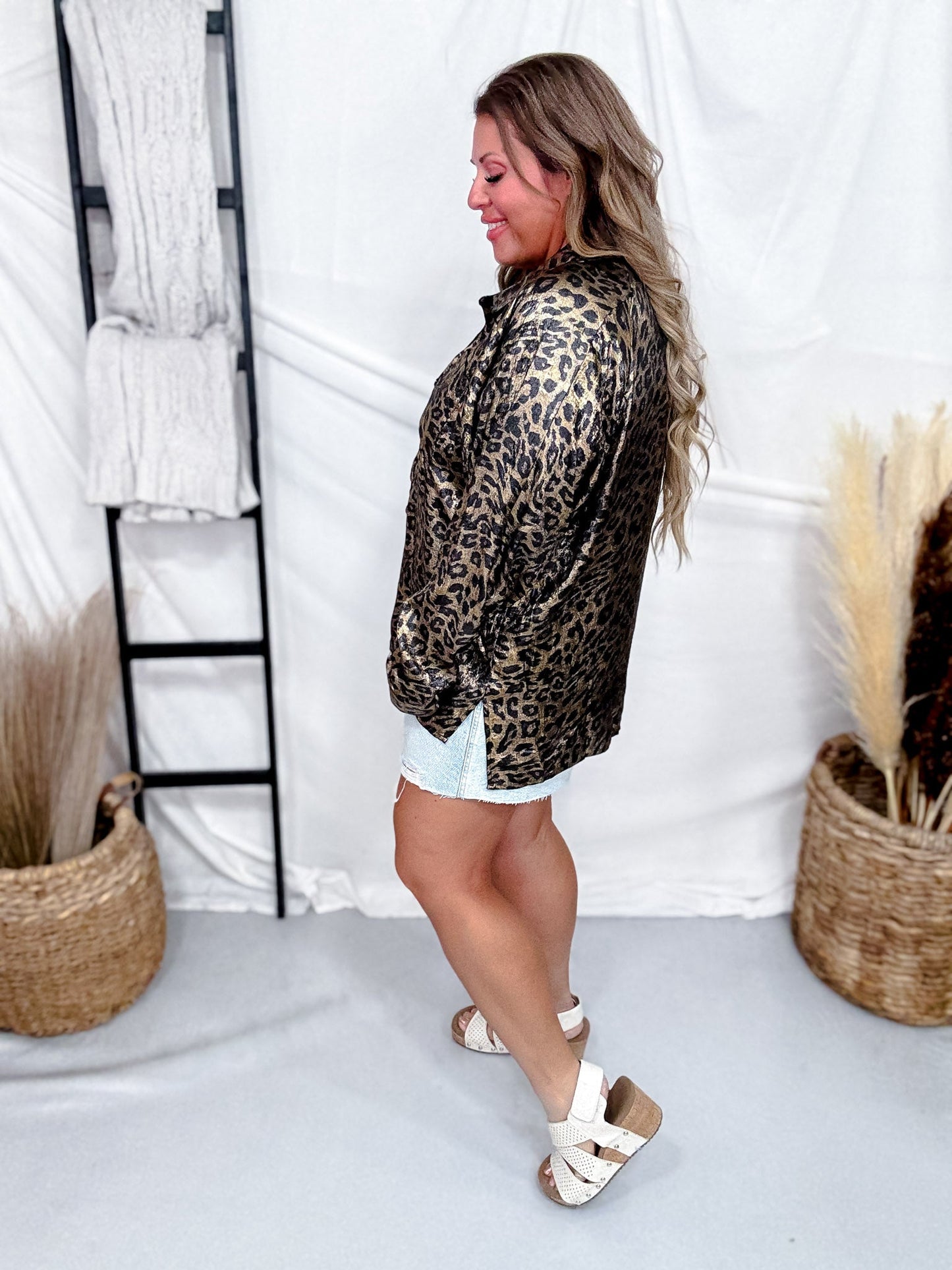 Long Sleeve Button Down Silky Leopard Blouse - Whiskey Skies - SEW IN LOVE