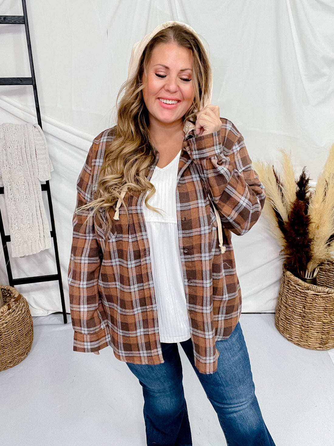 Long Sleeve Button Front Hooded Plaid Shacket - Whiskey Skies - P.S. KATE