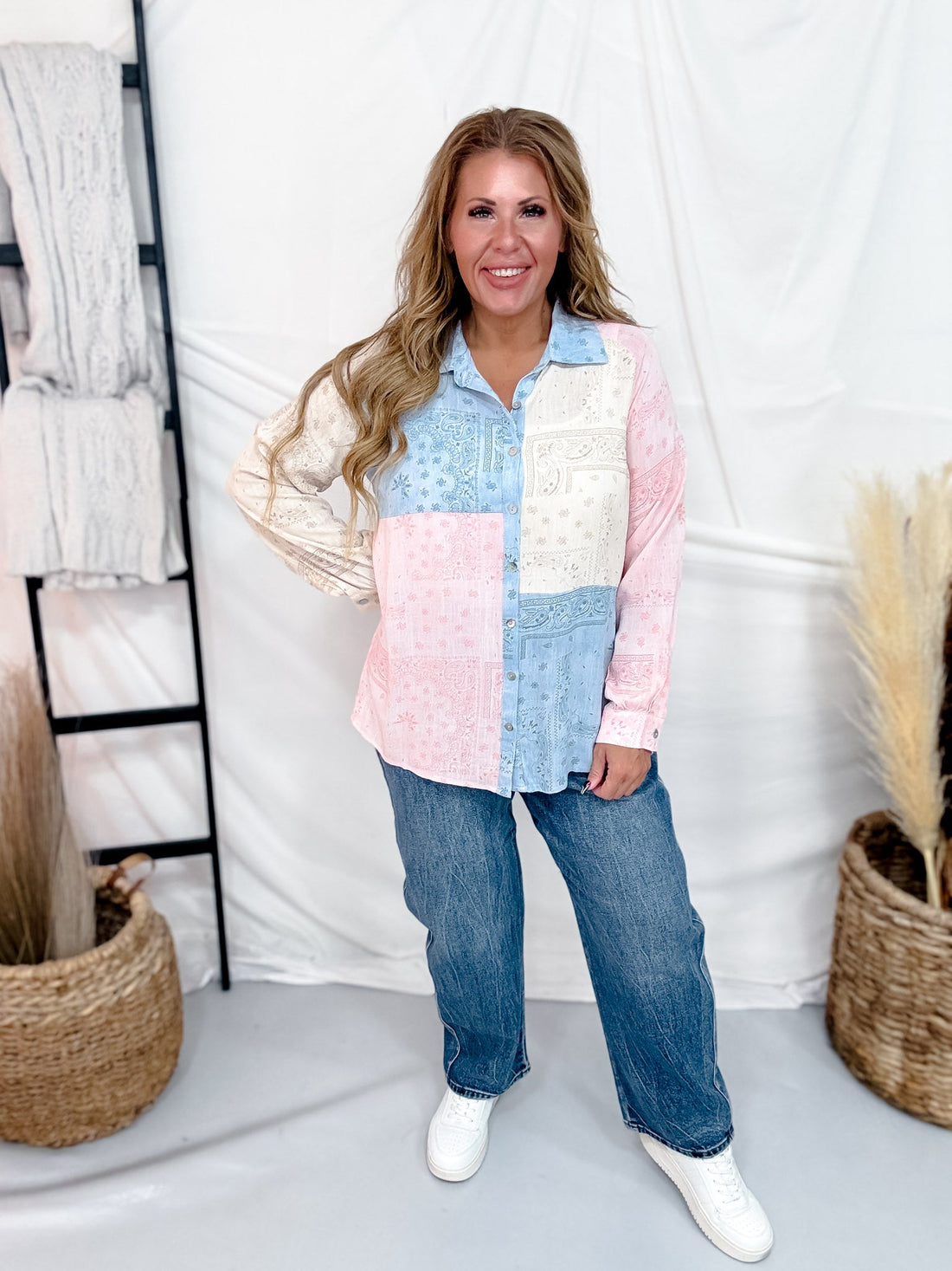 Long Sleeve Button Front Patchwork Bandana Blouse - Whiskey Skies - COZY CO