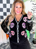 Long Sleeve Button Up Cardigan W/ Glitter Skull Patch Details - Whiskey Skies - SOUTHERN GRACE