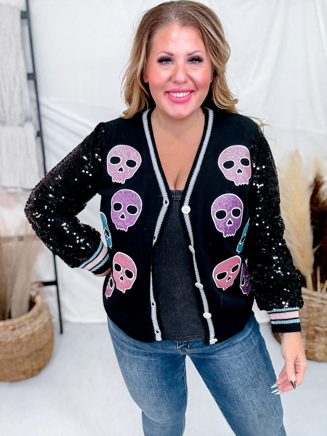 Long Sleeve Button Up Cardigan W/ Glitter Skull Patch Details - Whiskey Skies - SOUTHERN GRACE