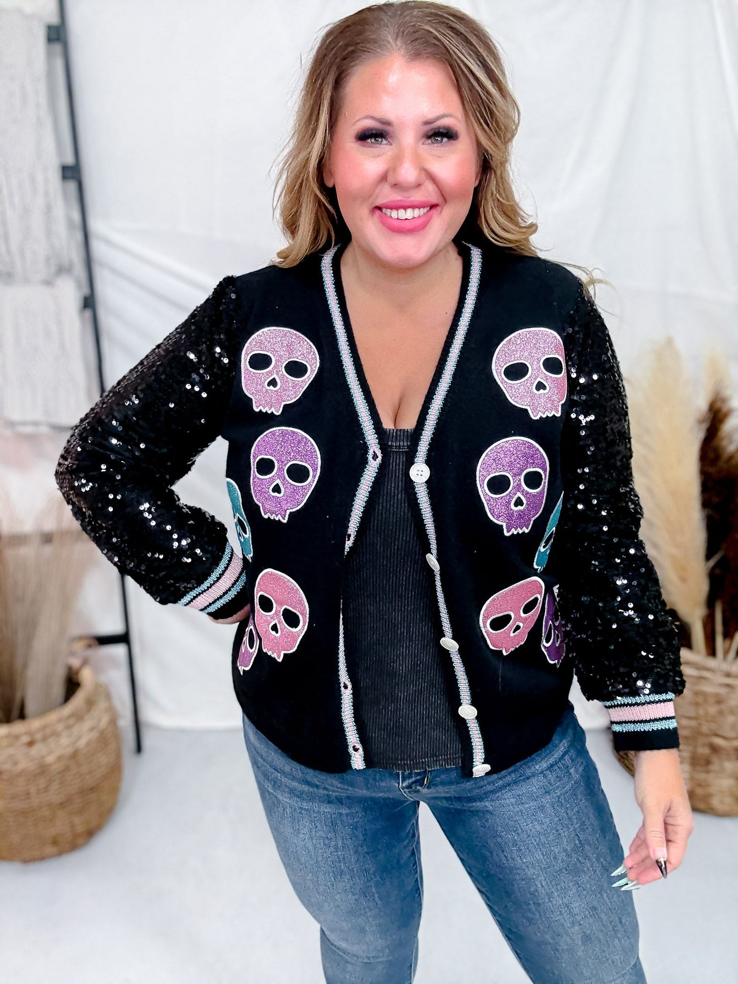 Long Sleeve Button Up Cardigan W/ Glitter Skull Patch Details - Whiskey Skies - SOUTHERN GRACE