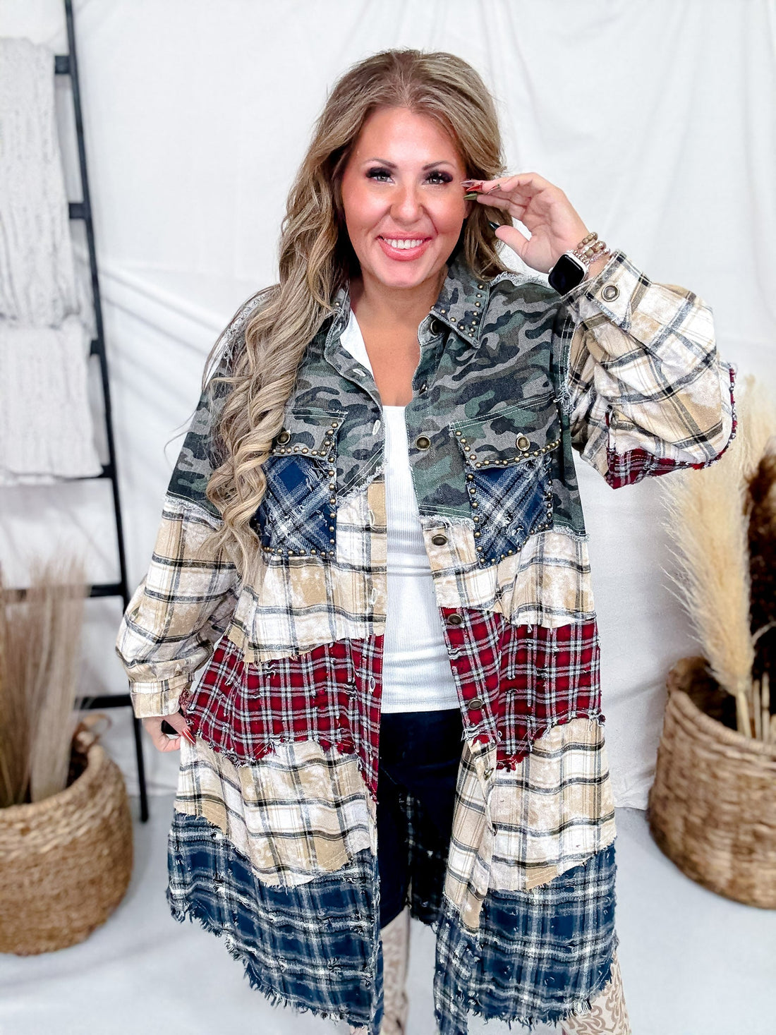Long Sleeve Button Up Maxi Shirt Jacket - Whiskey Skies - POL CLOTHING INC.
