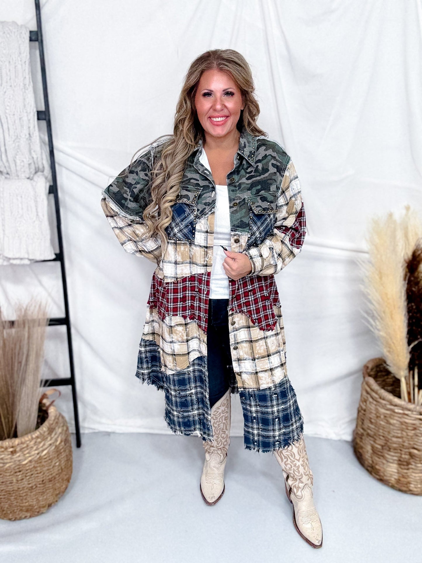 Long Sleeve Button Up Maxi Shirt Jacket - Whiskey Skies - POL CLOTHING INC.