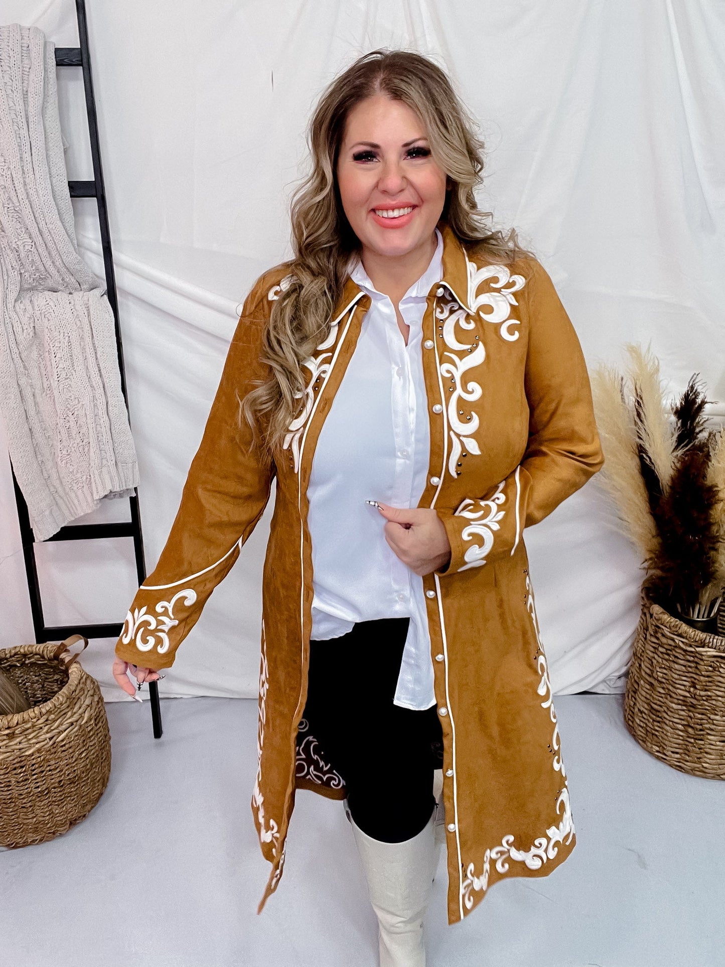 Long Sleeve Camel Embroidered Button Down Dress - Whiskey Skies - ANDREE BY UNIT