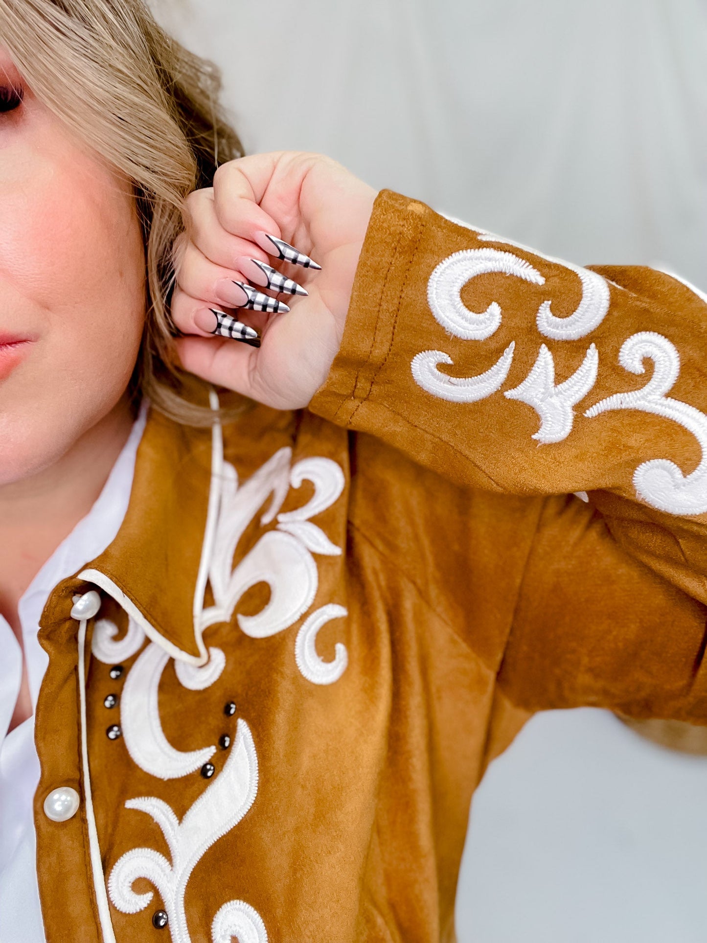 Long Sleeve Camel Embroidered Button Down Dress - Whiskey Skies - ANDREE BY UNIT