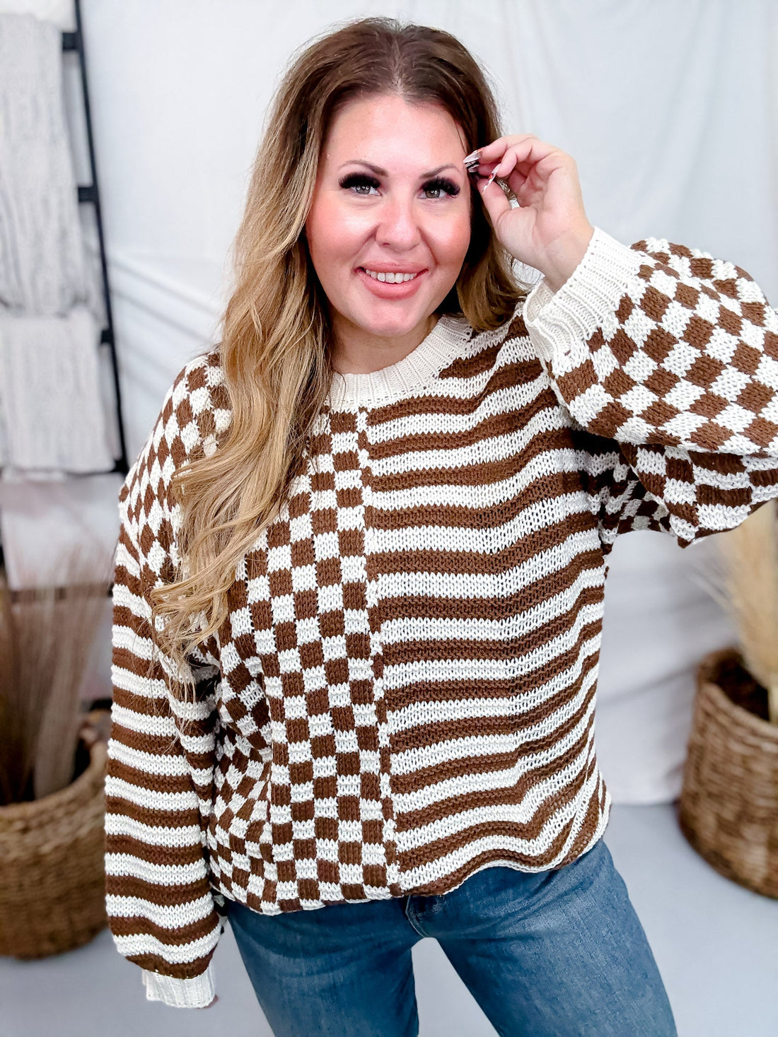 Long Sleeve Checkered & Striped Color Block Sweater Knit - Whiskey Skies - WHITE BIRCH