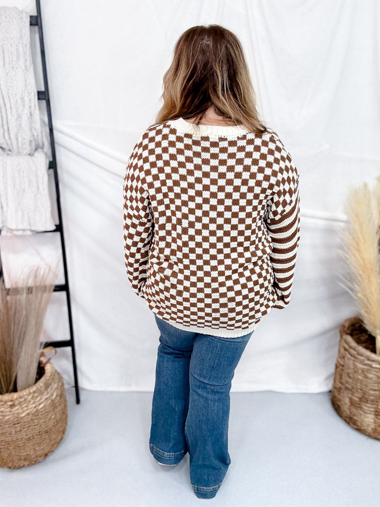 Long Sleeve Checkered & Striped Color Block Sweater Knit - Whiskey Skies - WHITE BIRCH