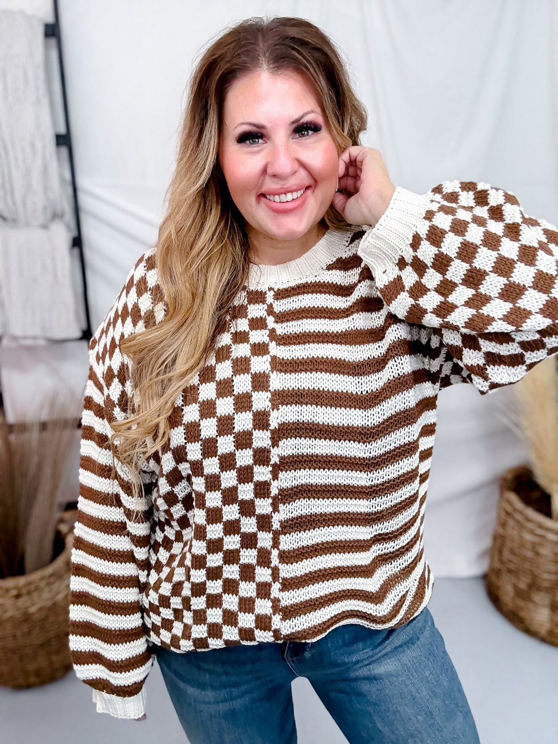 Long Sleeve Checkered & Striped Color Block Sweater Knit - Whiskey Skies - WHITE BIRCH