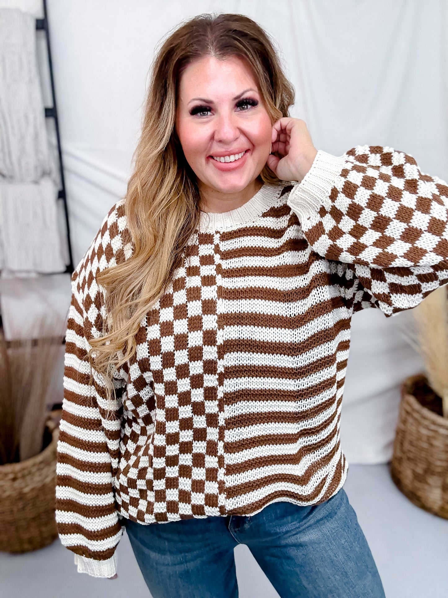 Long Sleeve Checkered & Striped Color Block Sweater Knit - Whiskey Skies - WHITE BIRCH