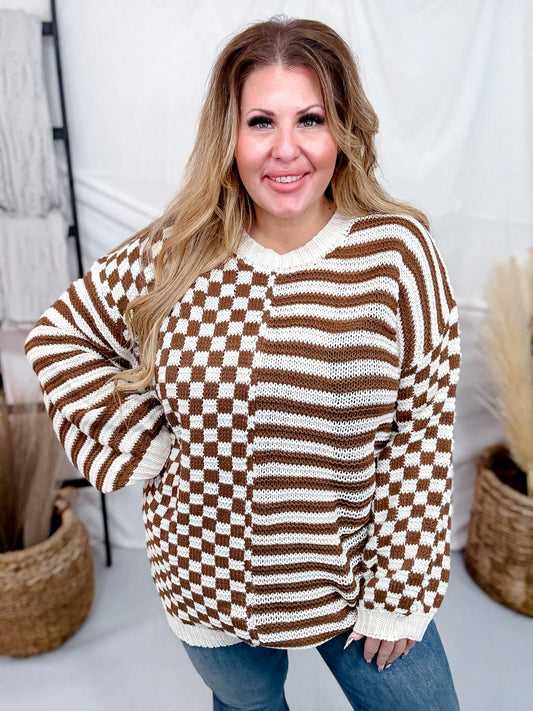Long Sleeve Checkered & Striped Color Block Sweater Knit - Whiskey Skies - WHITE BIRCH