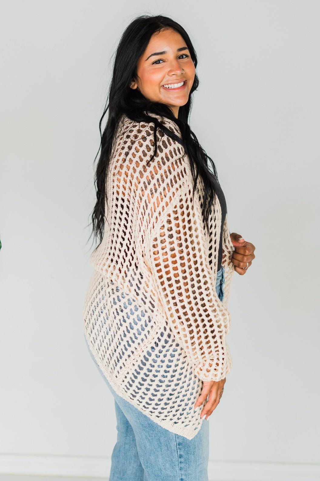 Long Sleeve Crochet Net Open Front Cardigan - Whiskey Skies - BIBI