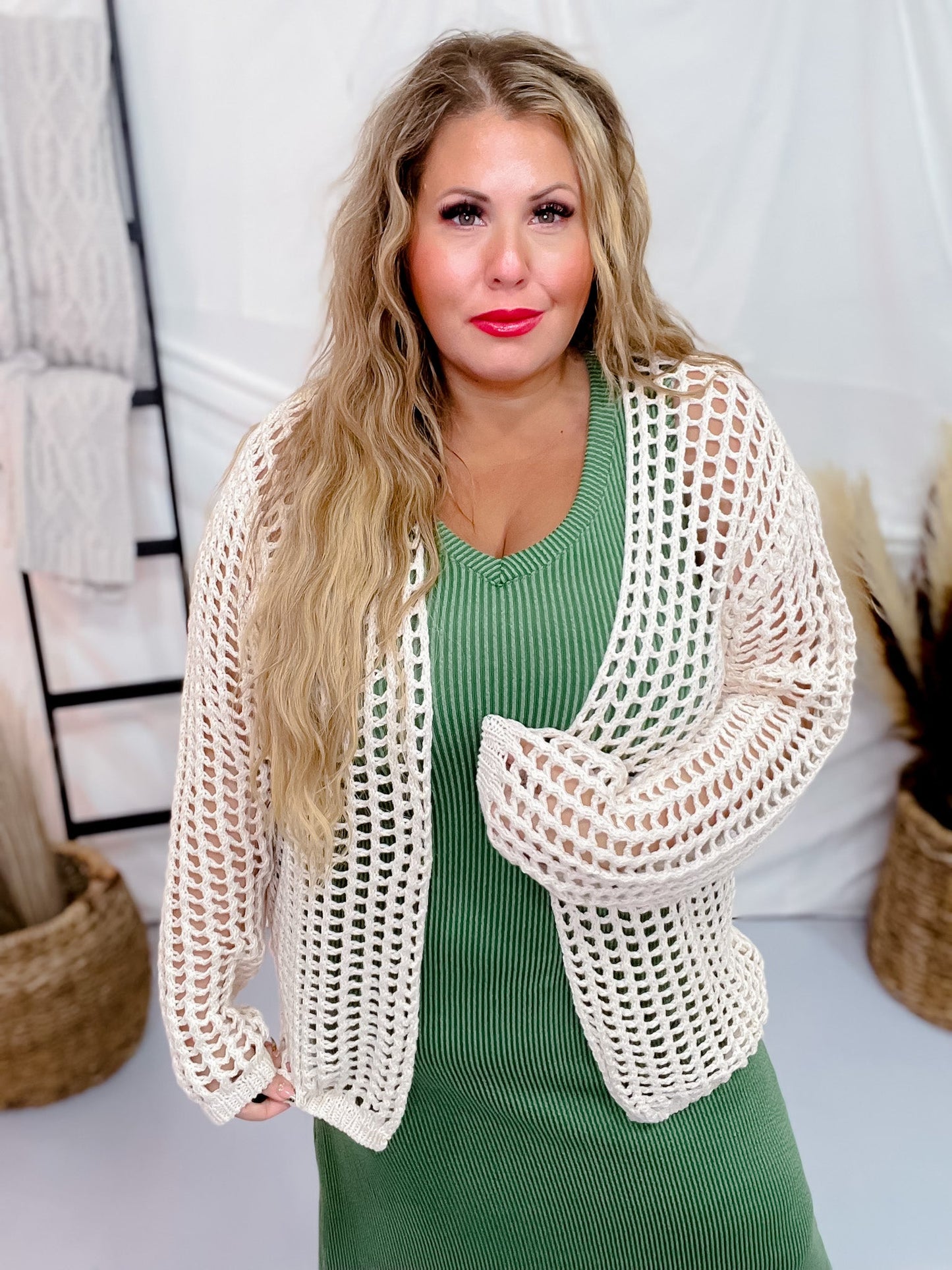 Long Sleeve Crochet Net Open Front Cardigan - Whiskey Skies - BIBI