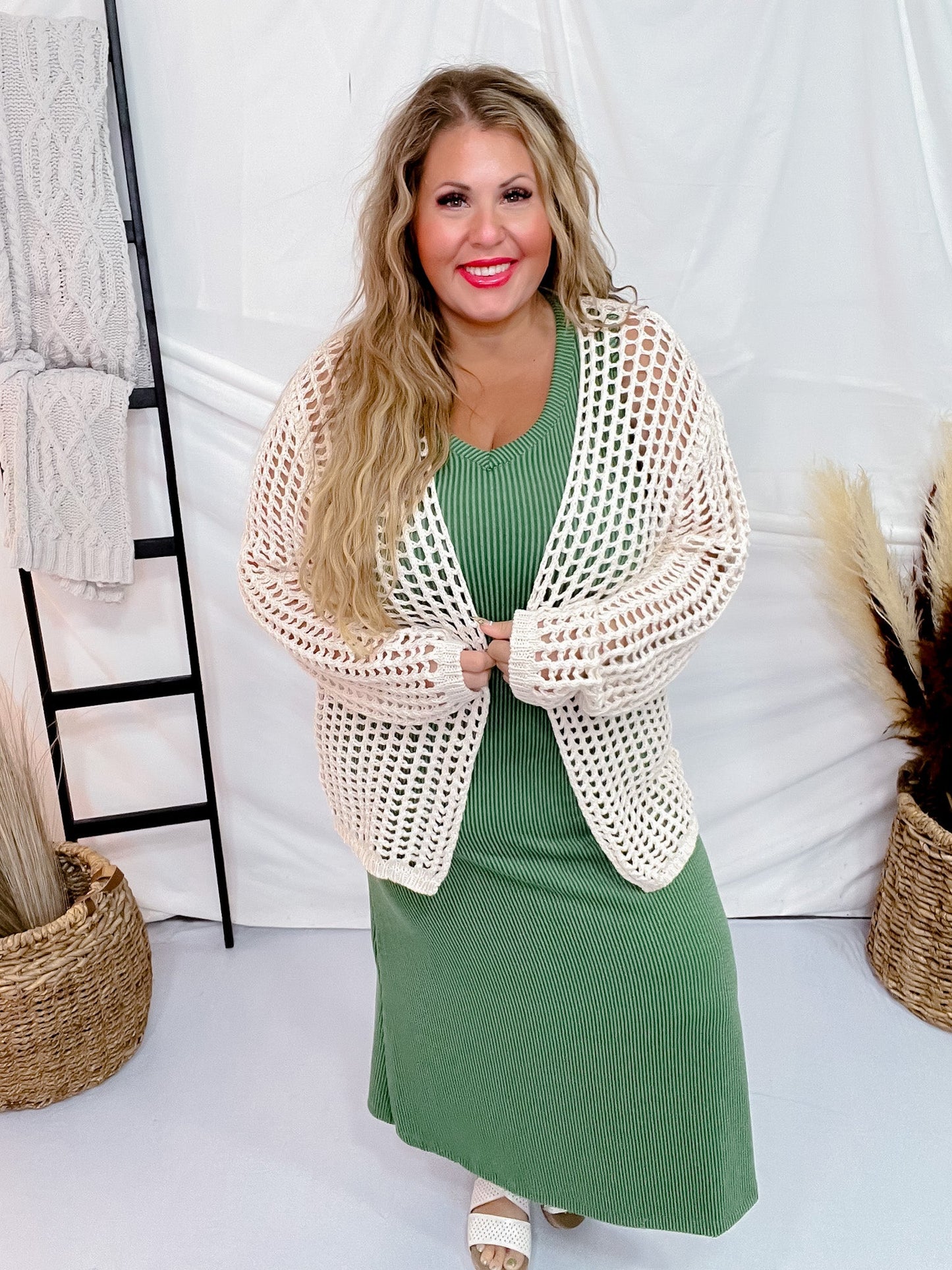 Long Sleeve Crochet Net Open Front Cardigan - Whiskey Skies - BIBI