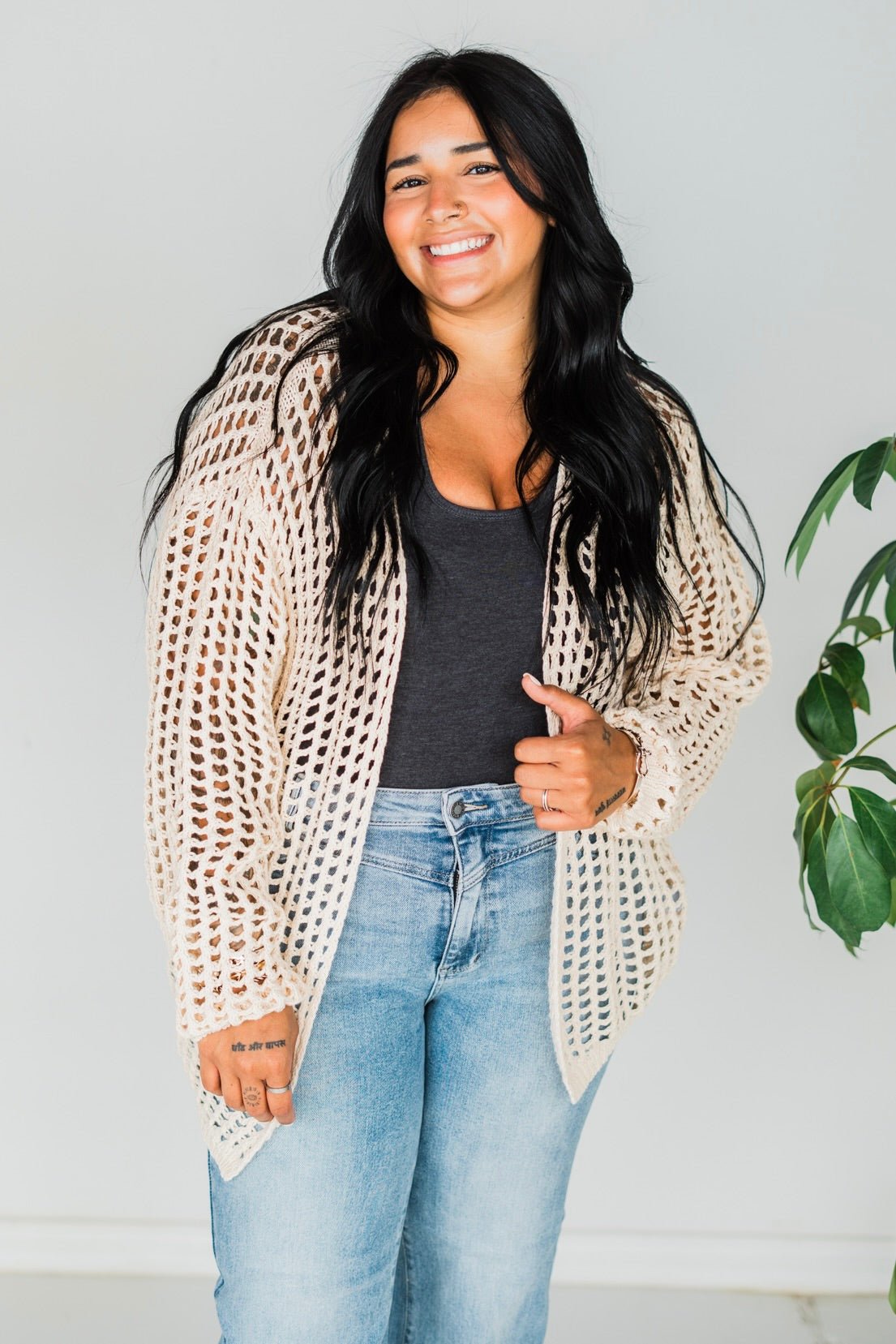 Long Sleeve Crochet Net Open Front Cardigan - Whiskey Skies - BIBI