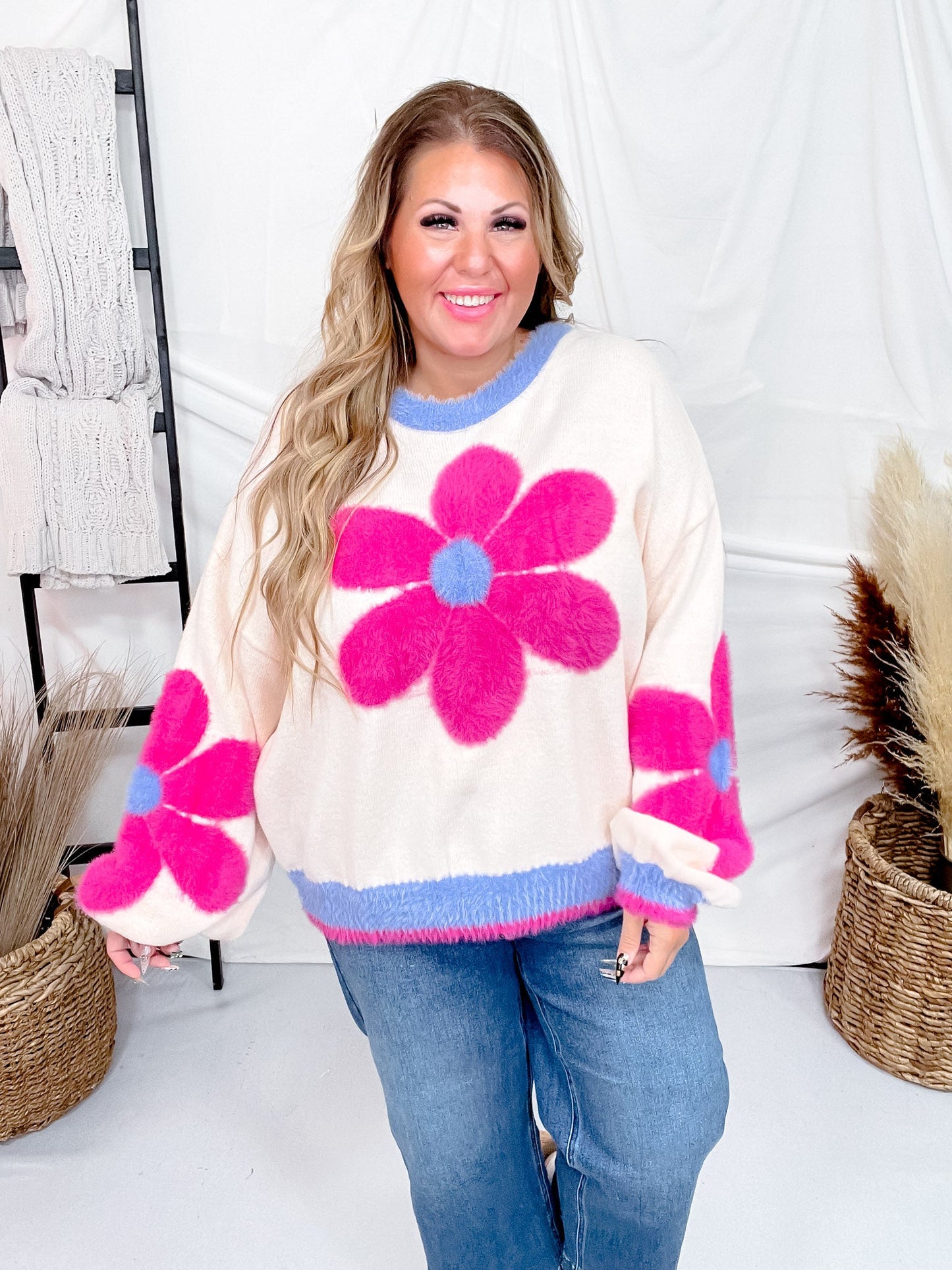 Long Sleeve Daisy Pattern Knit Pullover Sweater - Whiskey Skies - EASEL