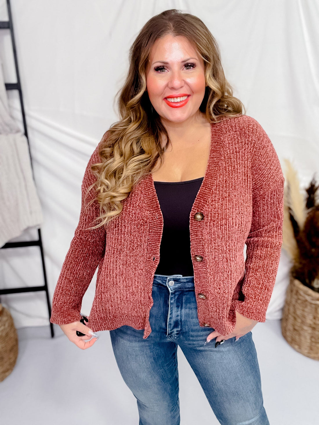 Long Sleeve Dark Mauve Button Down Sweater - Whiskey Skies - WHITE BIRCH