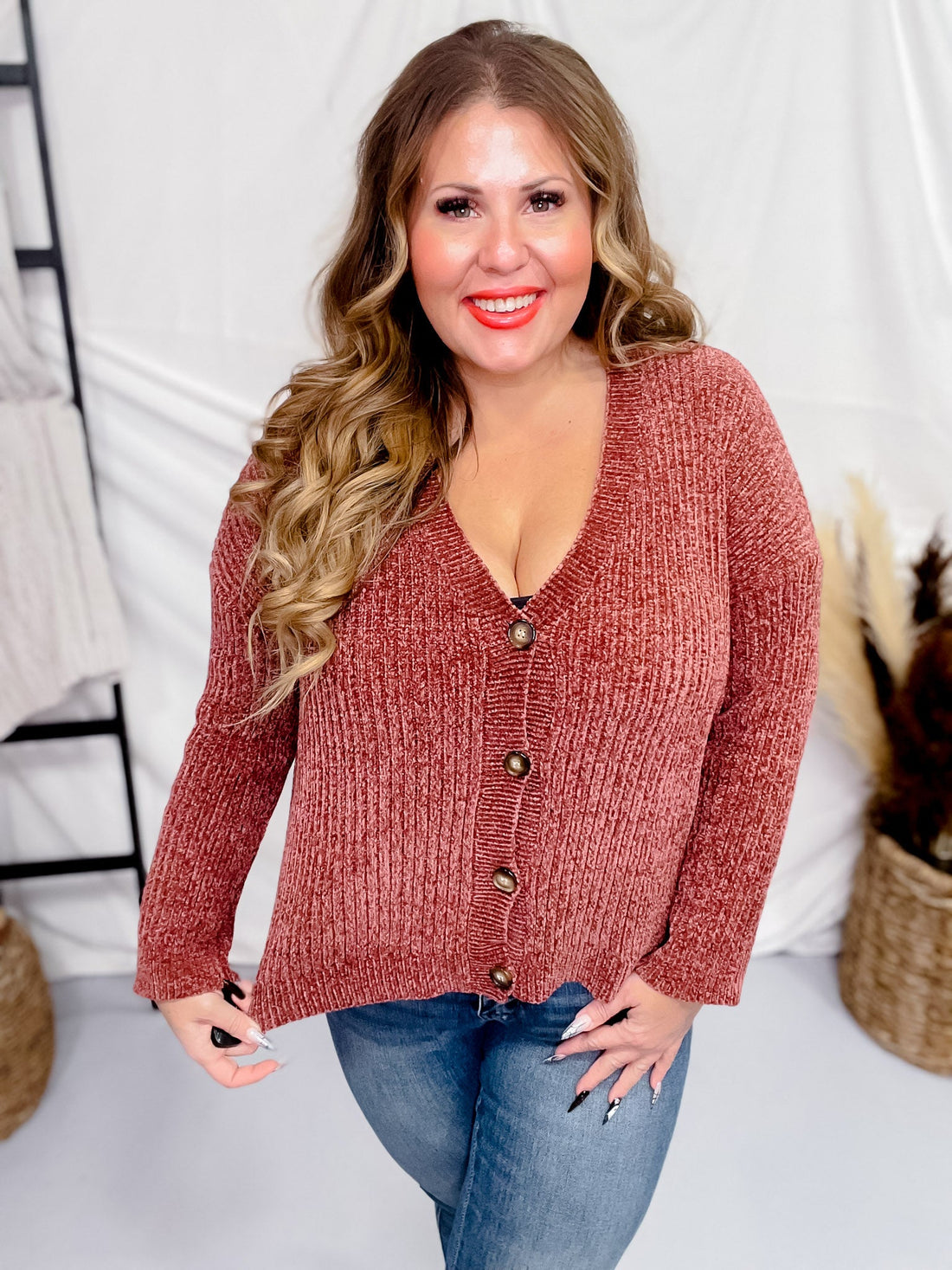 Long Sleeve Dark Mauve Button Down Sweater - Whiskey Skies - WHITE BIRCH