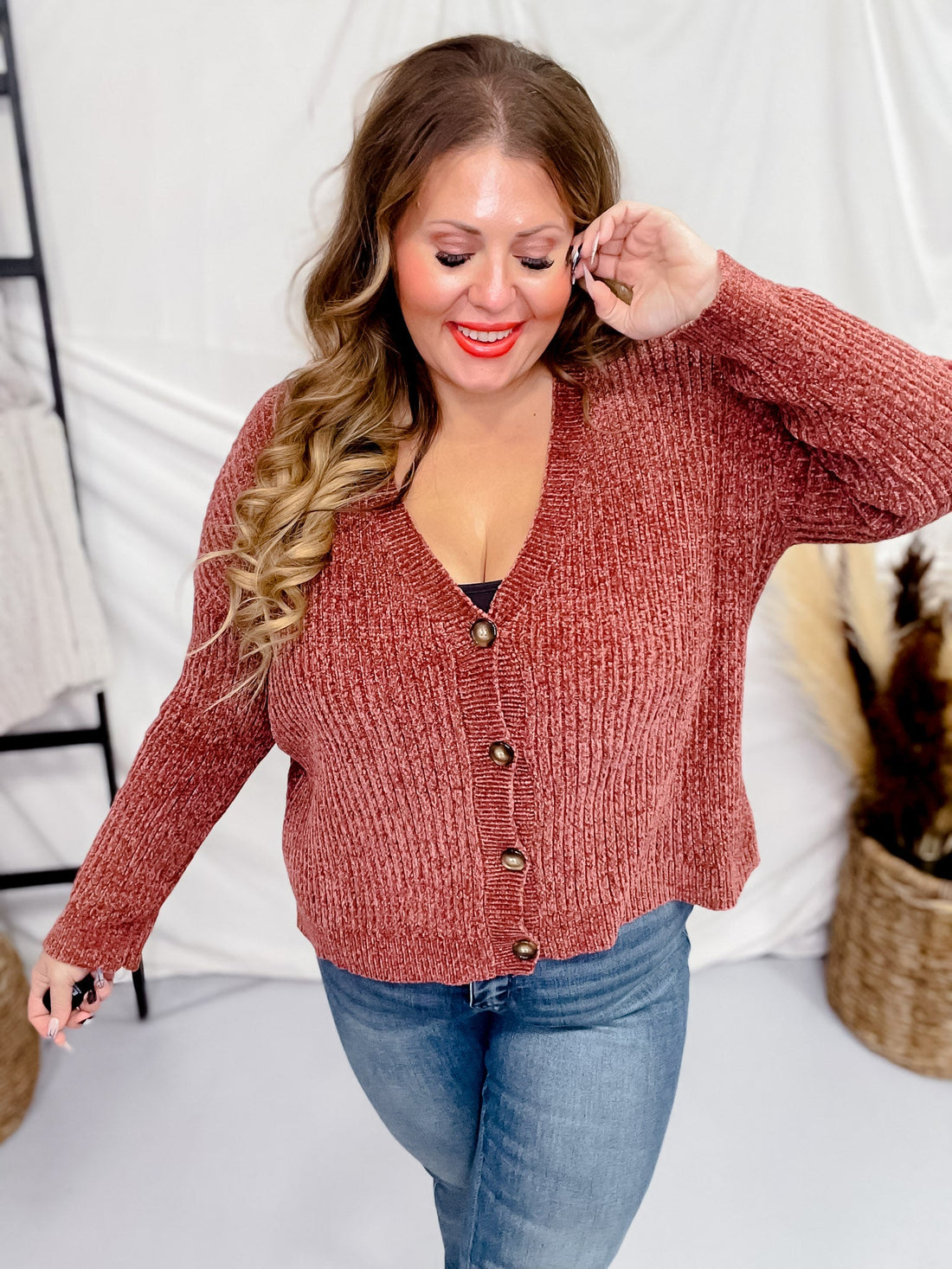 Long Sleeve Dark Mauve Button Down Sweater - Whiskey Skies - WHITE BIRCH