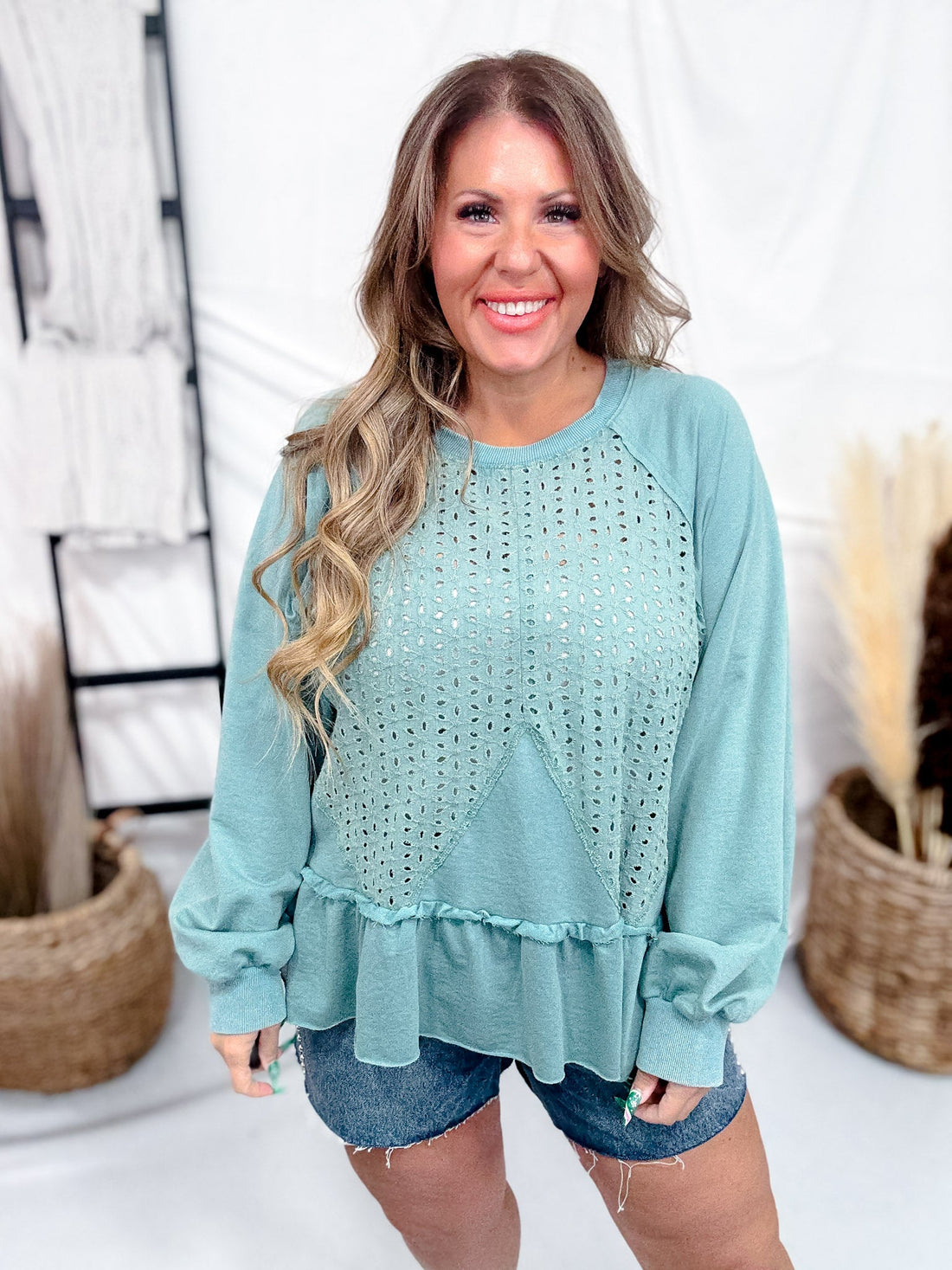 Long Sleeve Dark Sage Acid Washed Sweatshirt - Whiskey Skies - ODDI