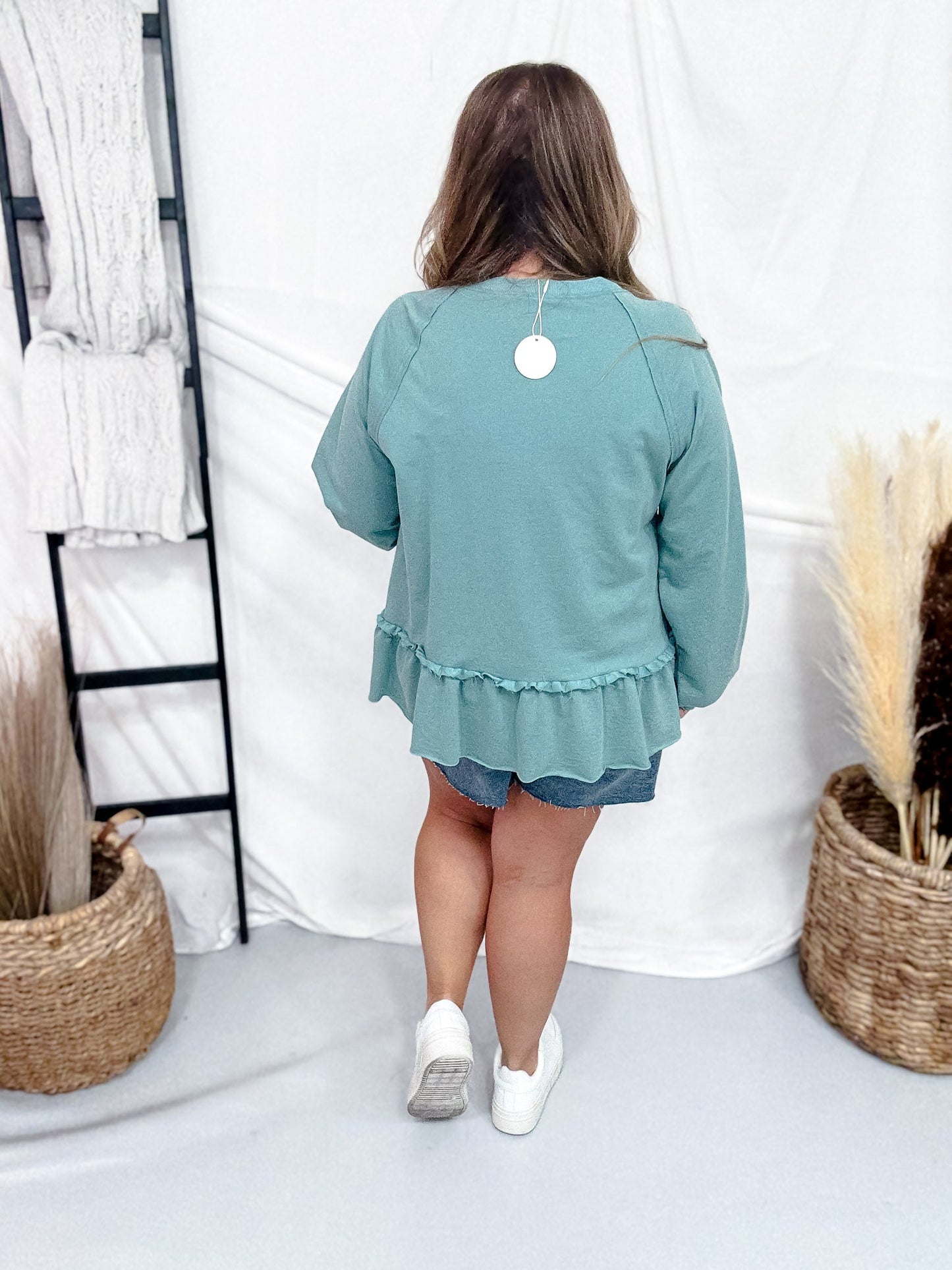 Long Sleeve Dark Sage Acid Washed Sweatshirt - Whiskey Skies - ODDI