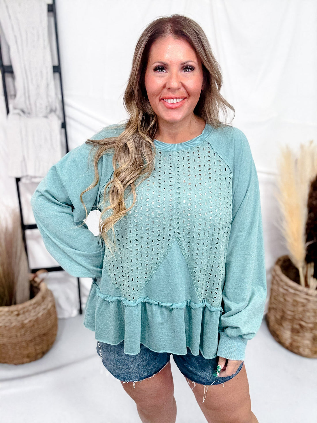 Long Sleeve Dark Sage Acid Washed Sweatshirt - Whiskey Skies - ODDI