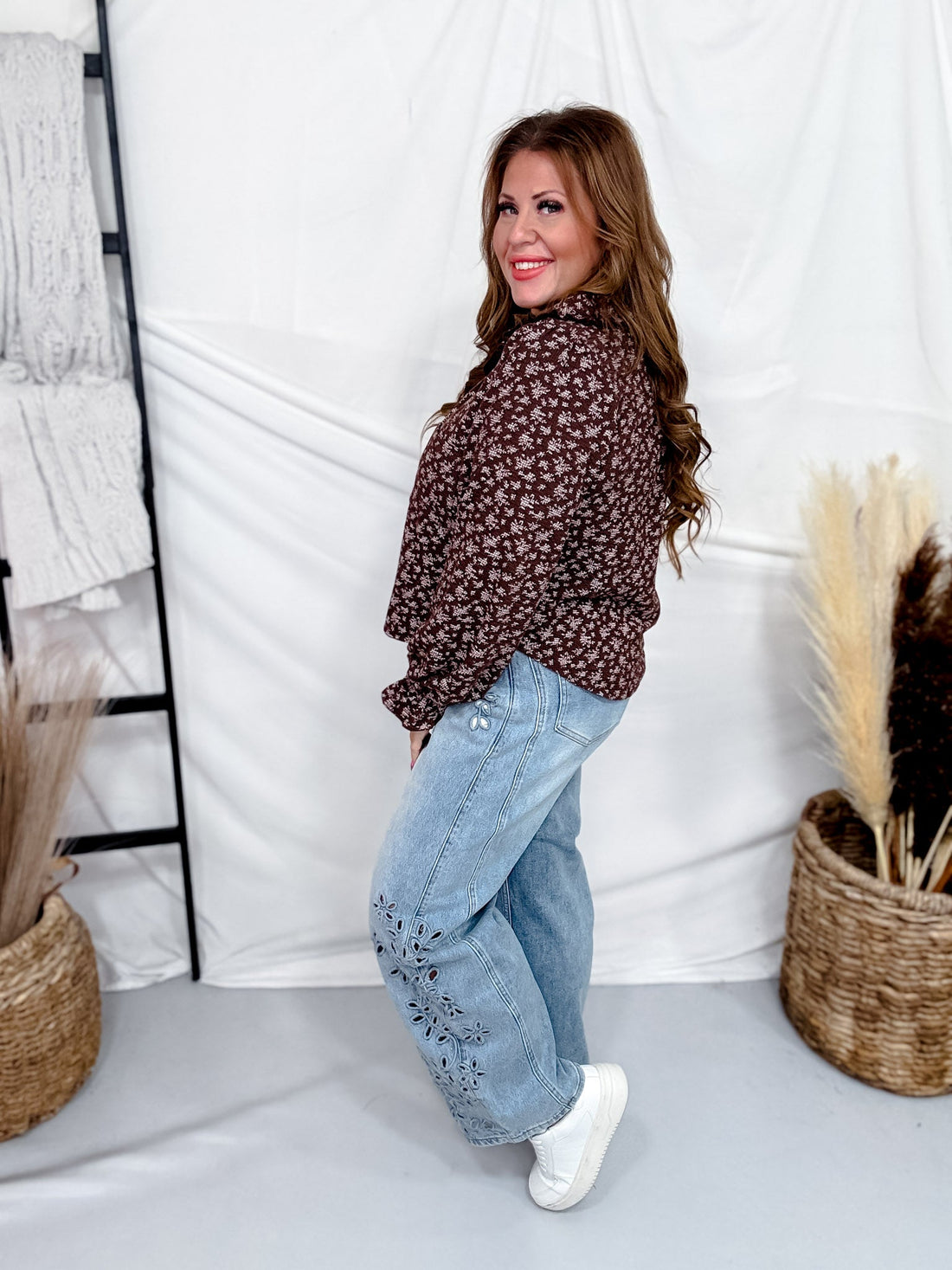 Long Sleeve Deep Brown Floral Blouse - Whiskey Skies - SEW IN LOVE