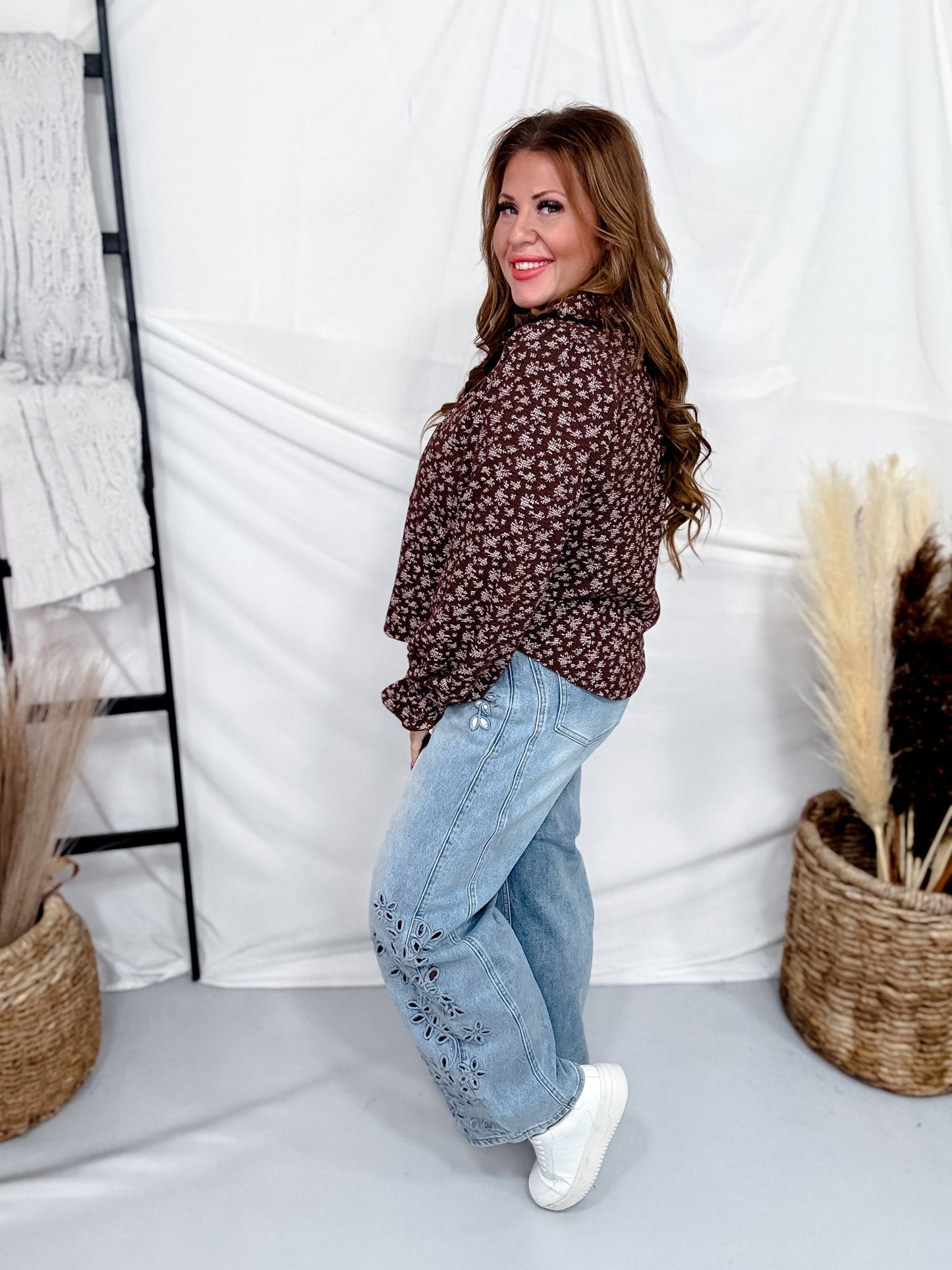 Long Sleeve Deep Brown Floral Blouse - Whiskey Skies - SEW IN LOVE