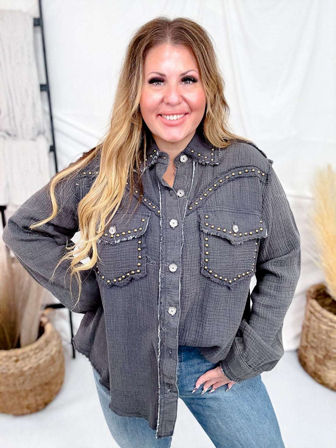 Long Sleeve Deep Charcoal Button Down Top W/ Studding Details - Whiskey Skies - POL CLOTHING INC.