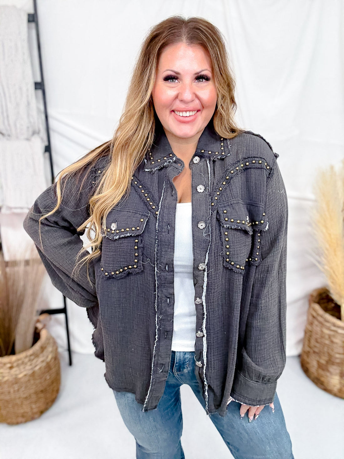 Long Sleeve Deep Charcoal Button Down Top W/ Studding Details - Whiskey Skies - POL CLOTHING INC.