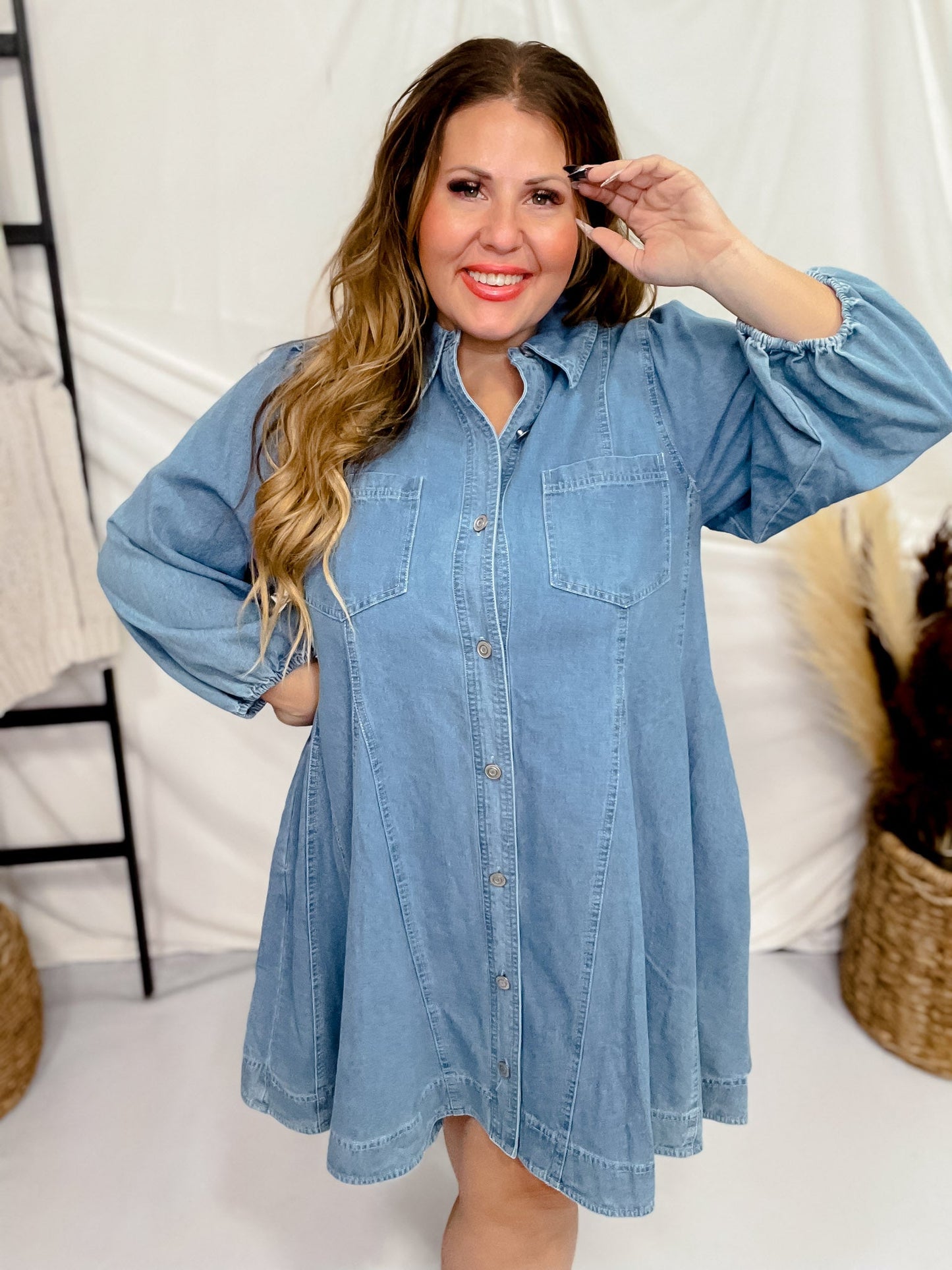 Long Sleeve Denim Mini Dress - Whiskey Skies - ENTRO