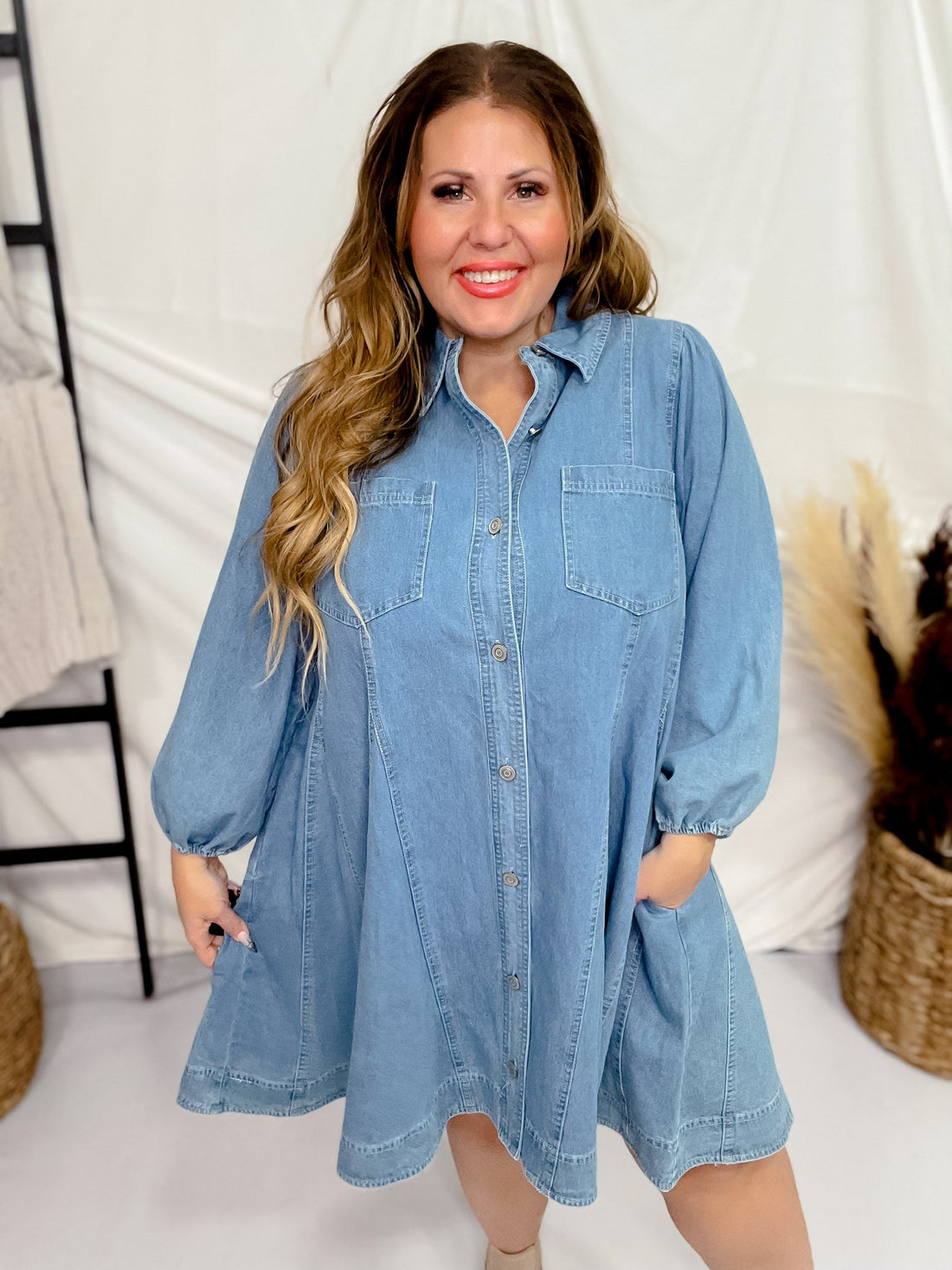 Long Sleeve Denim Mini Dress - Whiskey Skies - ENTRO