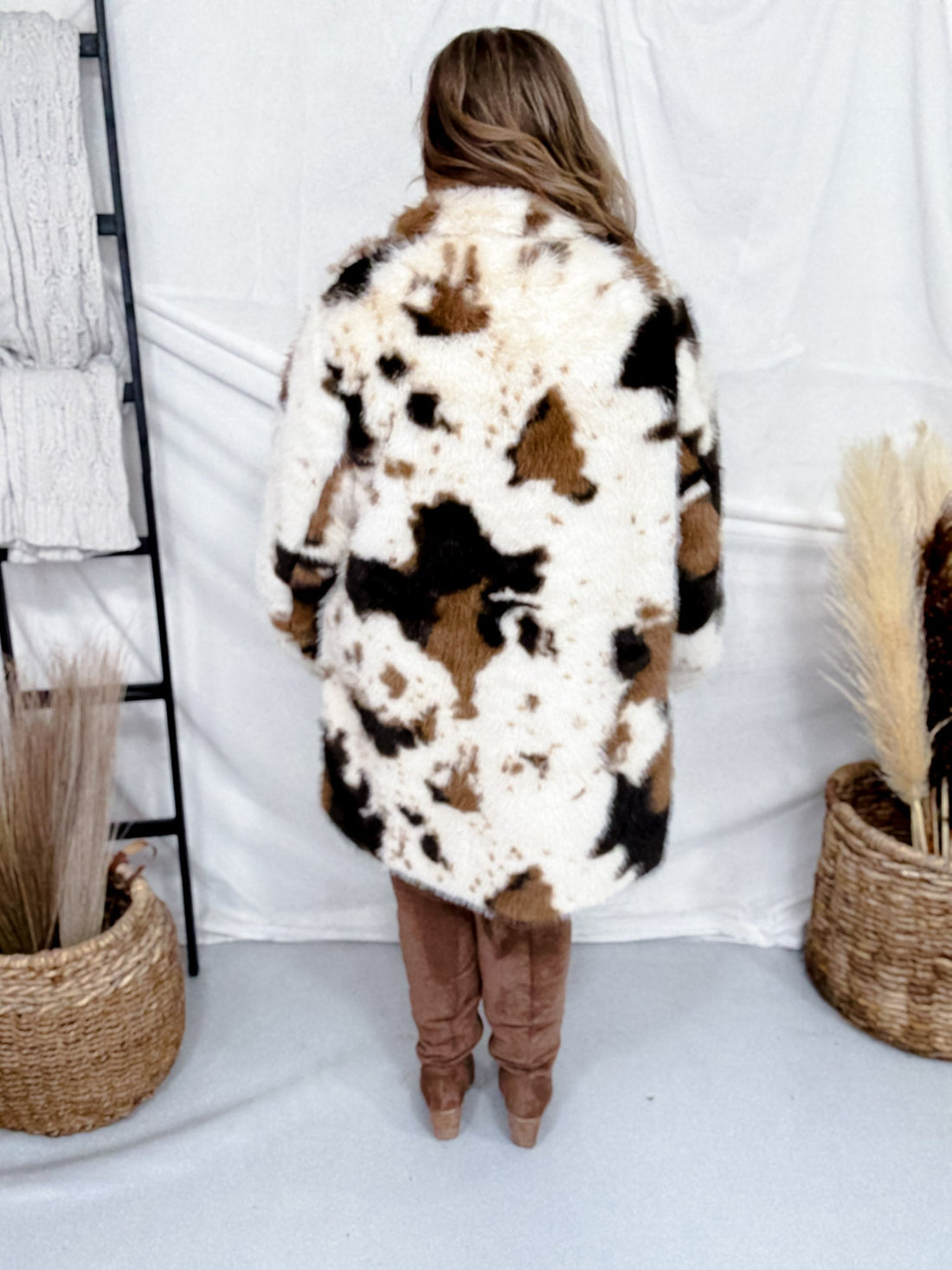 Long Sleeve Faux Fur Cowhide Pattern Coat - Whiskey Skies - DAVI & DANI