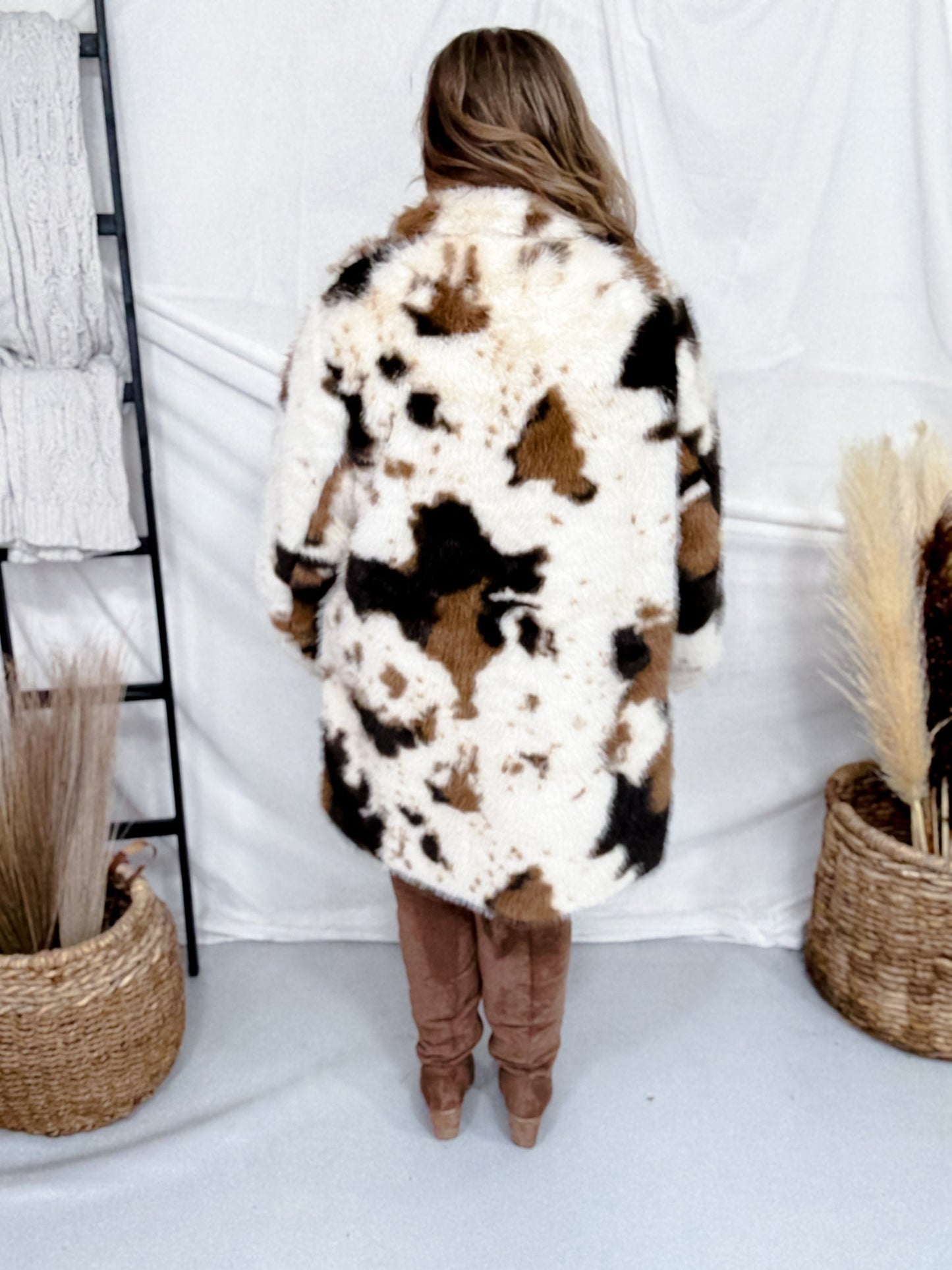 Long Sleeve Faux Fur Cowhide Pattern Coat - Whiskey Skies - DAVI & DANI