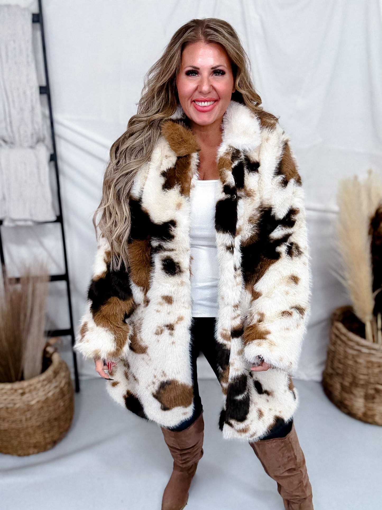 Long Sleeve Faux Fur Cowhide Pattern Coat - Whiskey Skies - DAVI & DANI