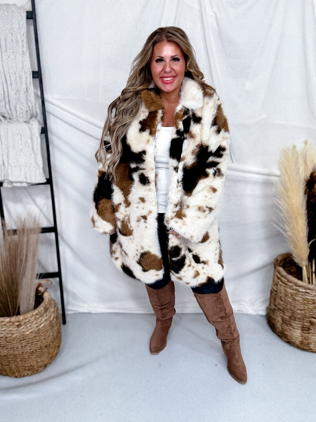Long Sleeve Faux Fur Cowhide Pattern Coat - Whiskey Skies - DAVI & DANI