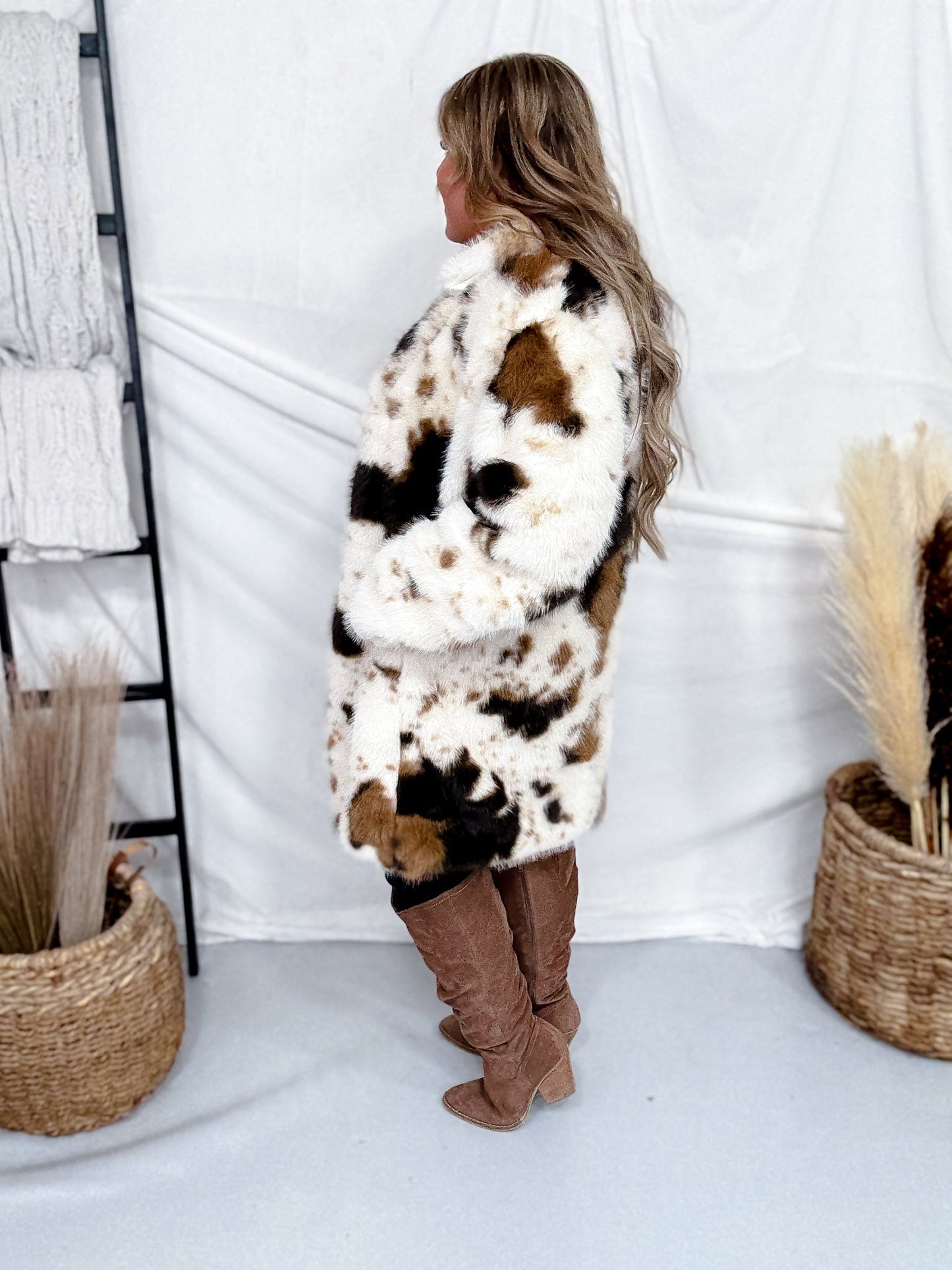 Long Sleeve Faux Fur Cowhide Pattern Coat - Whiskey Skies - DAVI & DANI