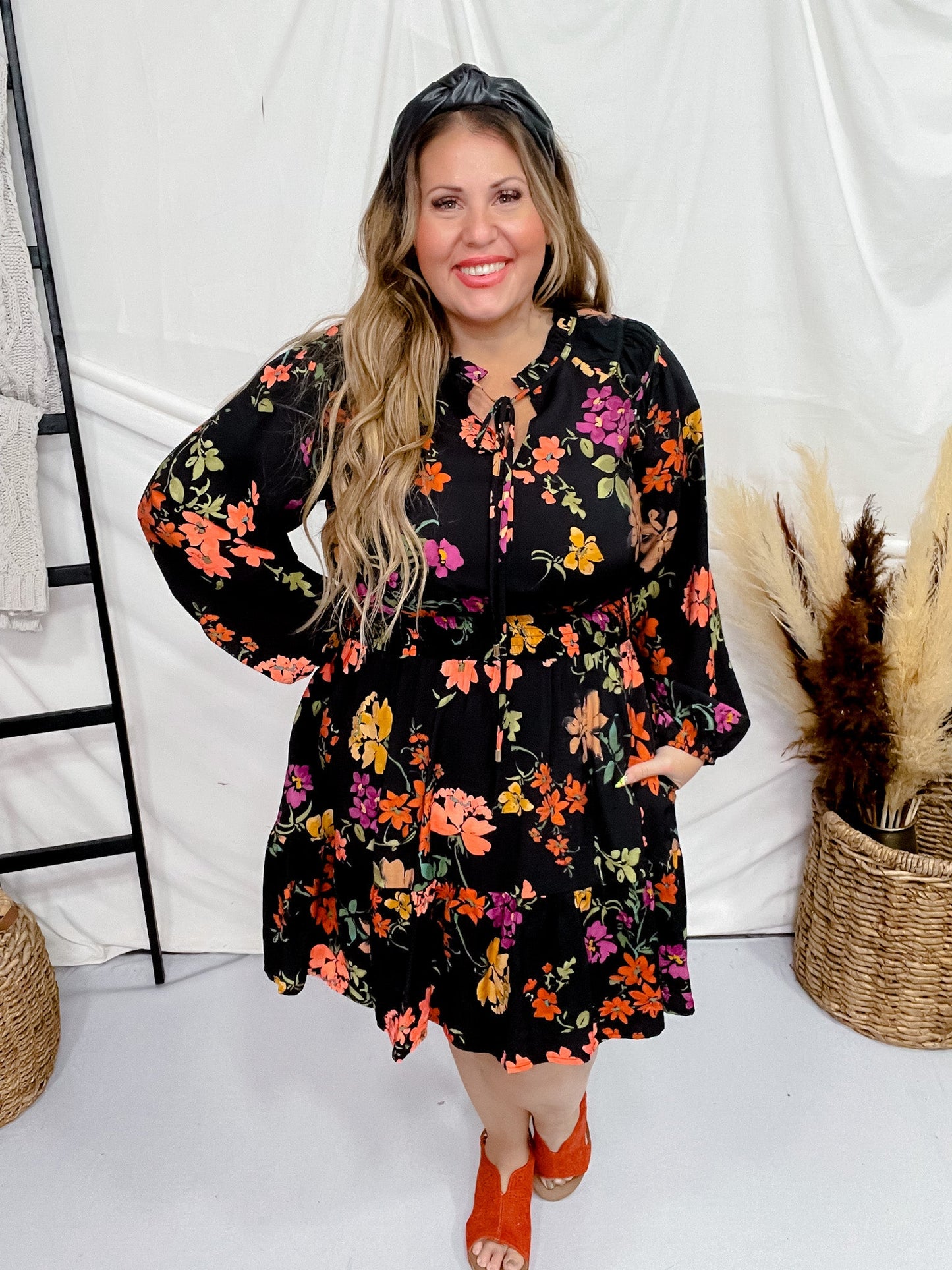 Long Sleeve Floral Dress W/ Front Tie Details - Whiskey Skies - ODDI