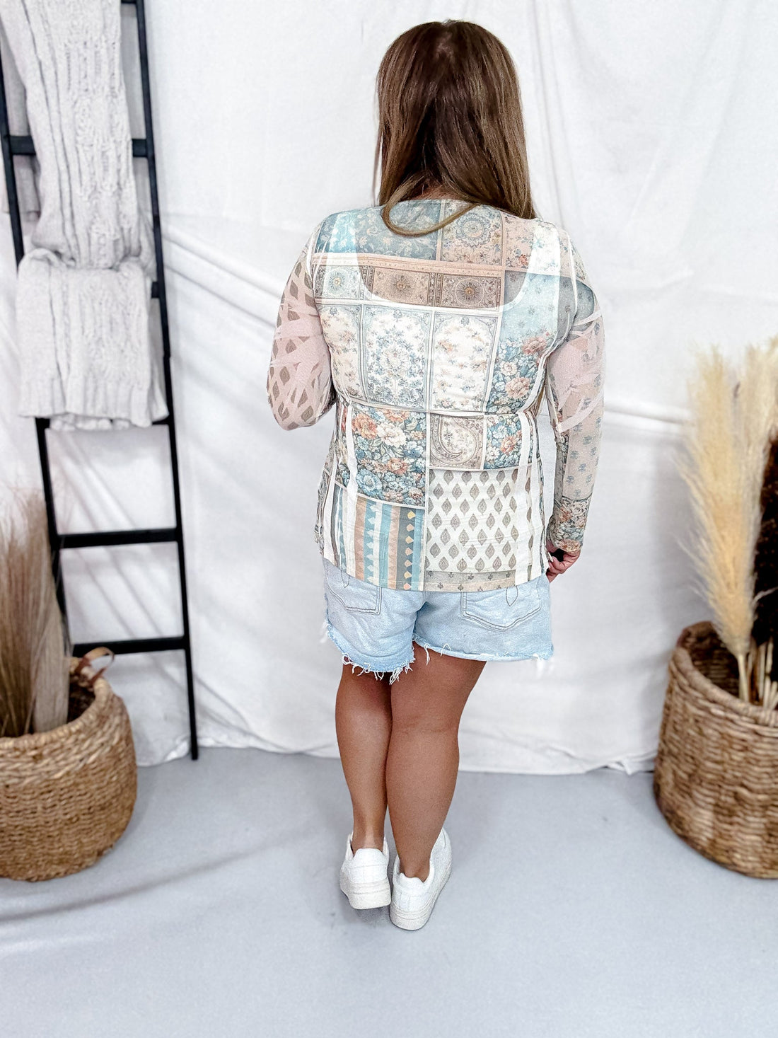 Long Sleeve Floral Mix Mesh Top - Whiskey Skies - ORIGAMI APPAREL