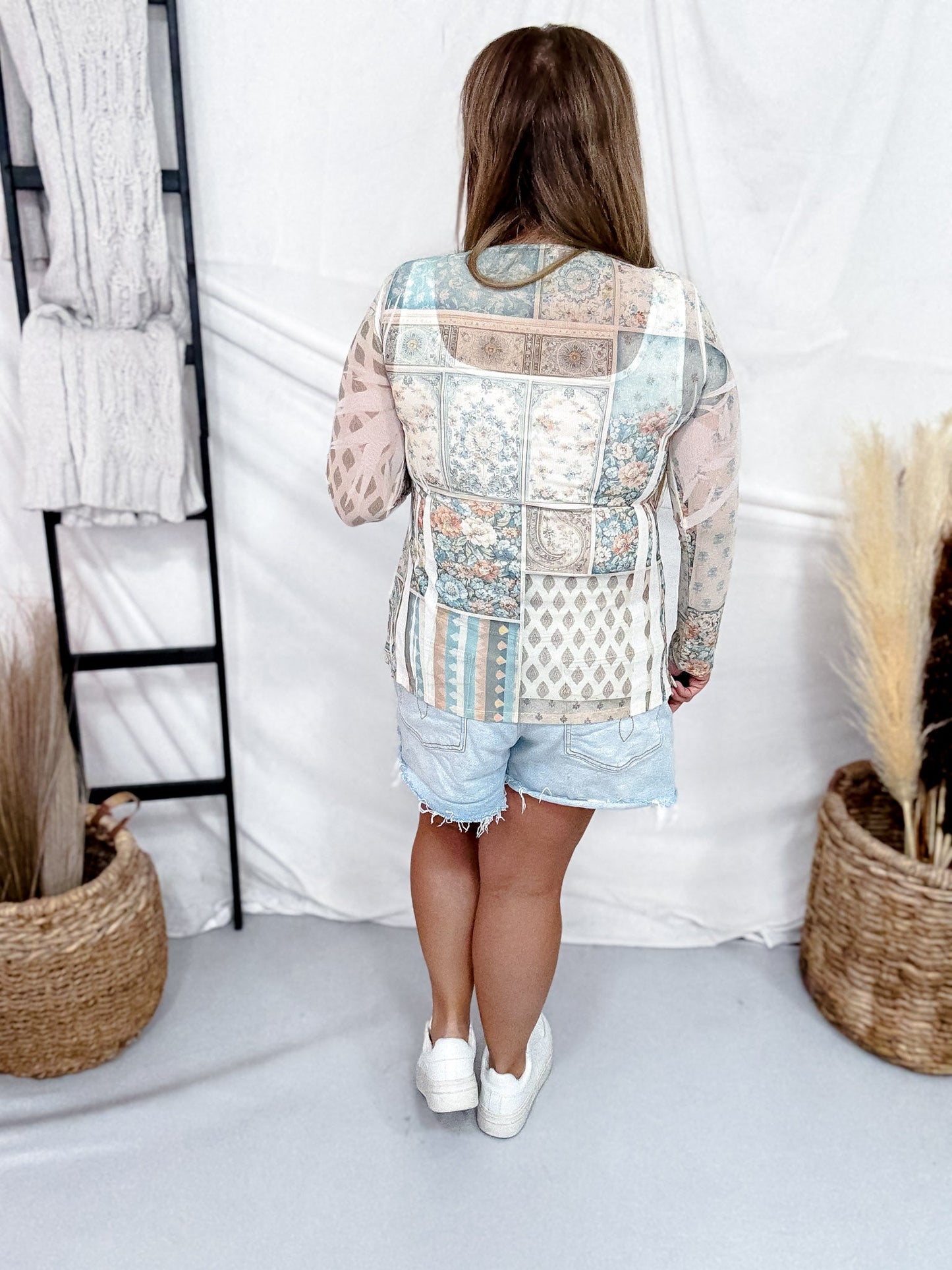 Long Sleeve Floral Mix Mesh Top - Whiskey Skies - ORIGAMI APPAREL