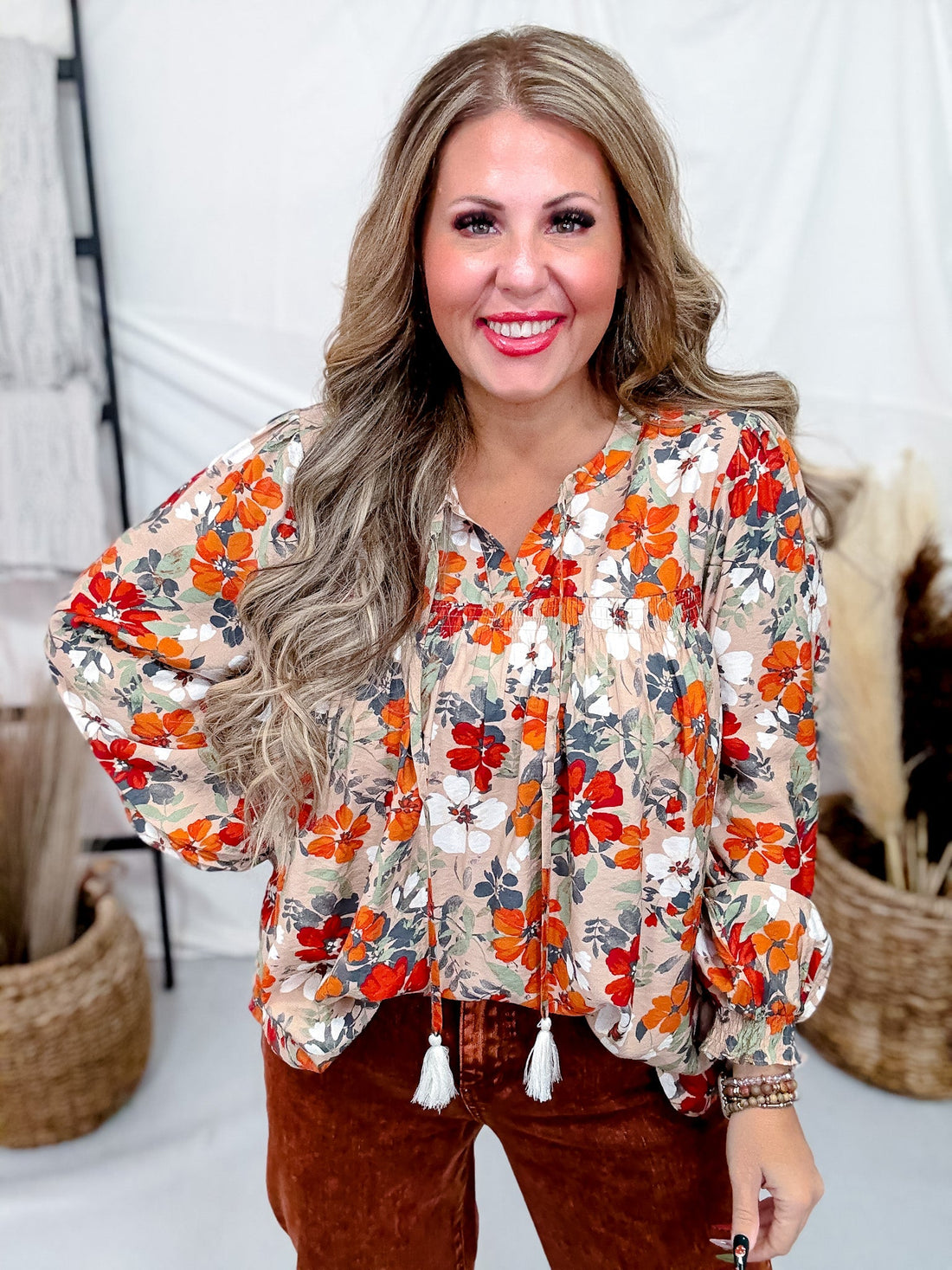 Long Sleeve Floral Print Blouse - Whiskey Skies - ODDI