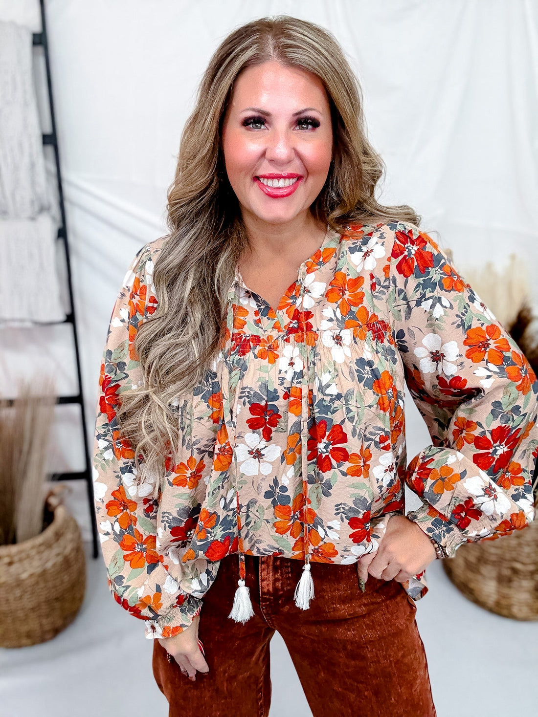 Long Sleeve Floral Print Blouse - Whiskey Skies - ODDI