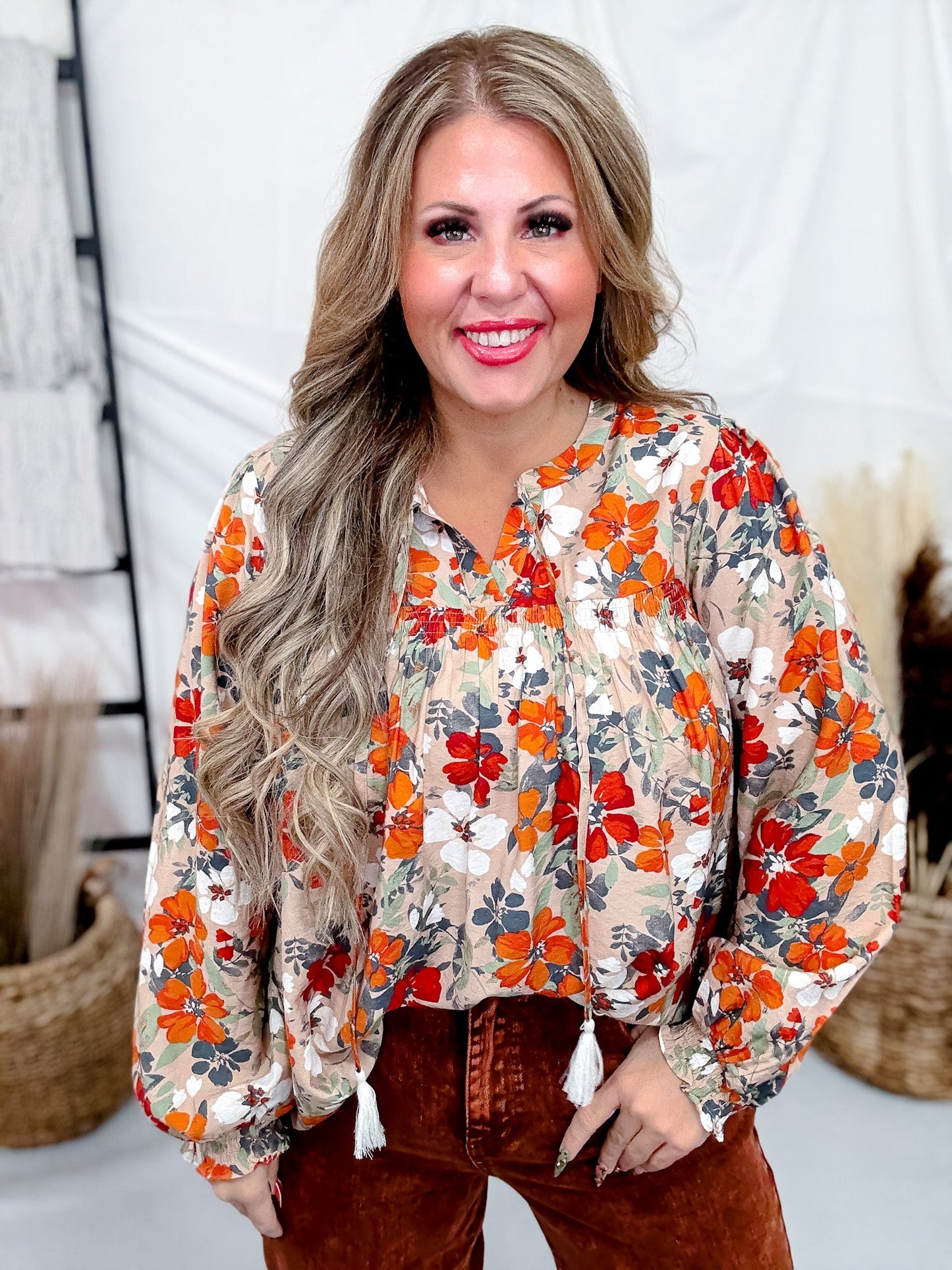 Long Sleeve Floral Print Blouse - Whiskey Skies - ODDI