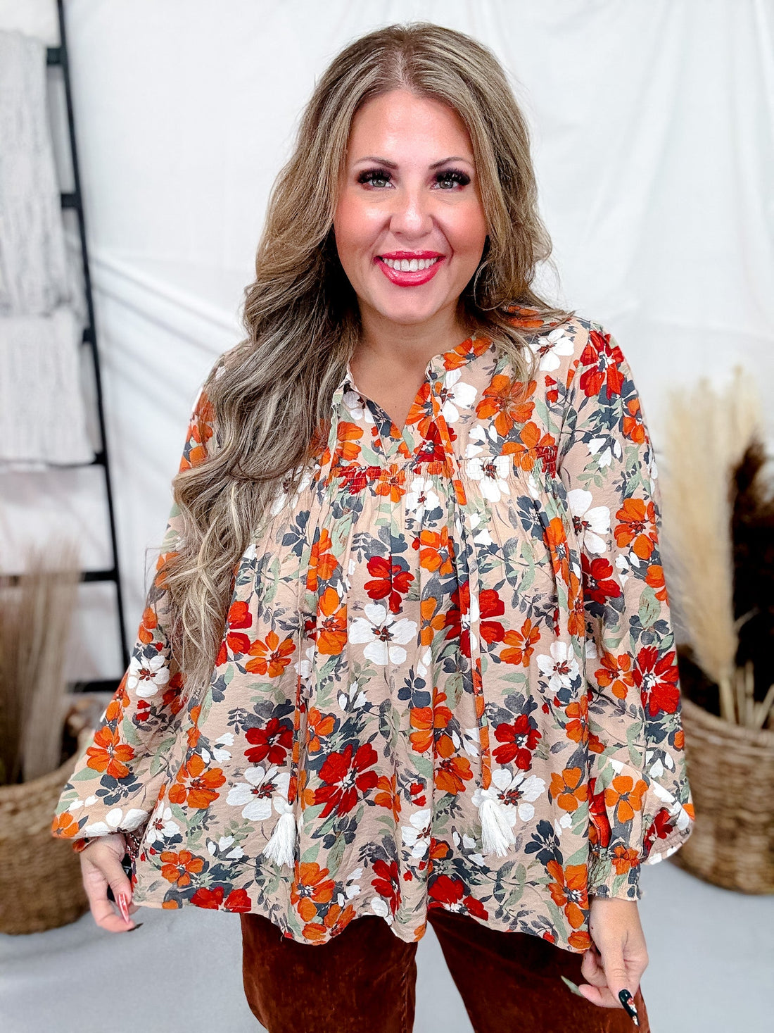 Long Sleeve Floral Print Blouse - Whiskey Skies - ODDI