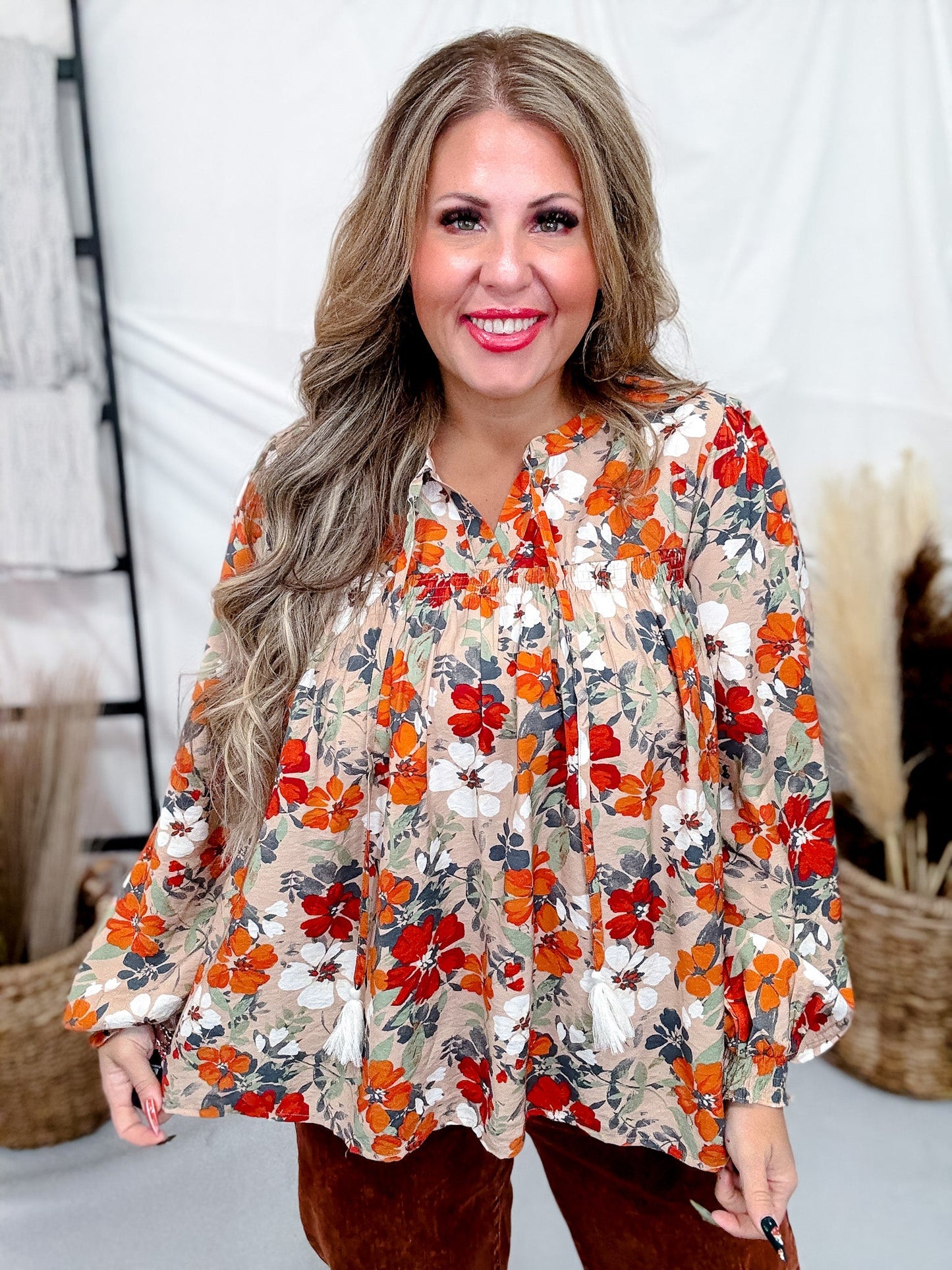 Long Sleeve Floral Print Blouse - Whiskey Skies - ODDI