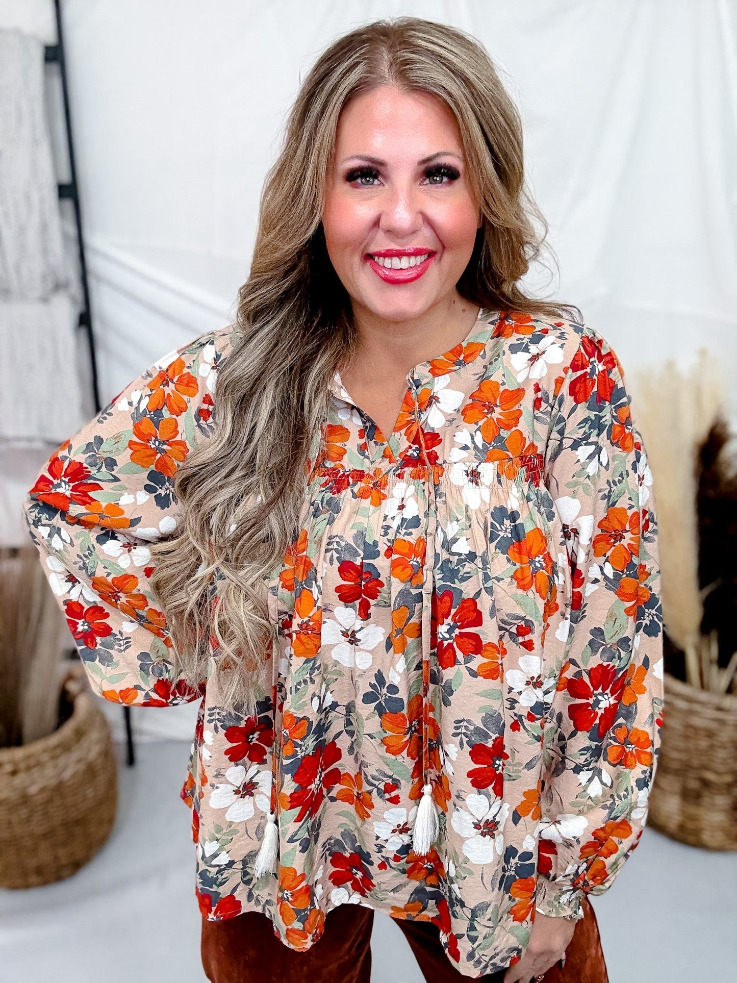 Long Sleeve Floral Print Blouse - Whiskey Skies - ODDI