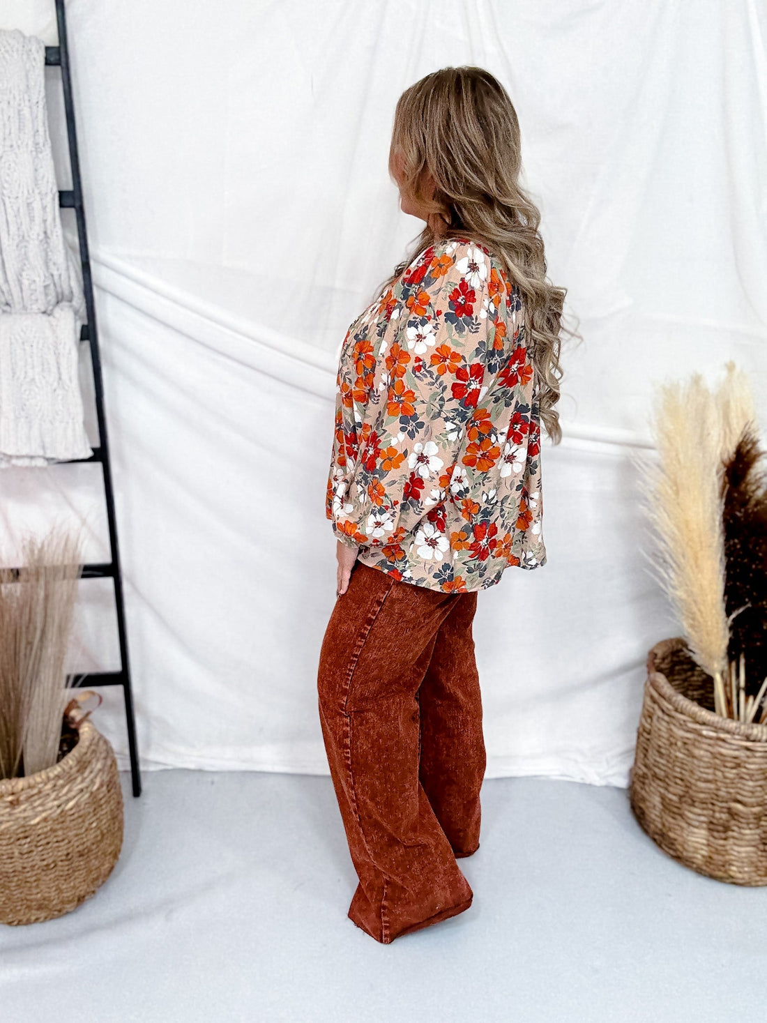 Long Sleeve Floral Print Blouse - Whiskey Skies - ODDI