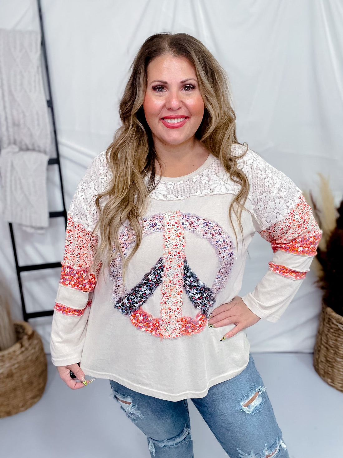 Long Sleeve Floral Print Peace Sign Top - Whiskey Skies - WHITE BIRCH