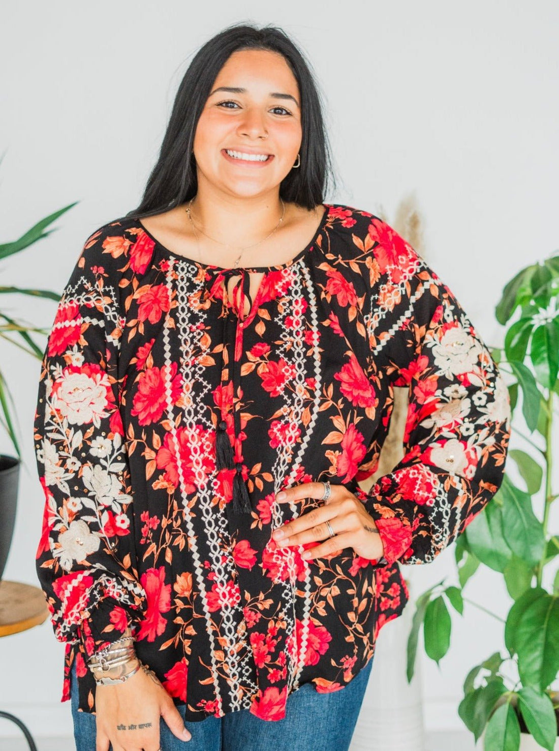 Long Sleeve Floral Print Tunic Top - Whiskey Skies - ANDREE BY UNIT