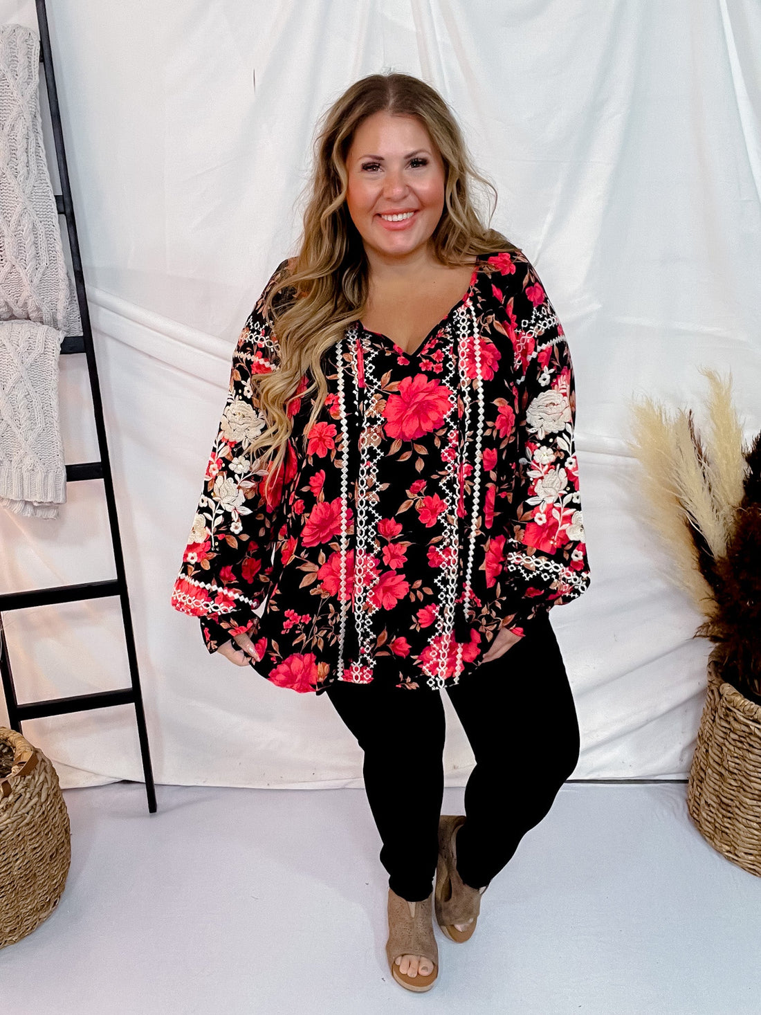 Long Sleeve Floral Print Tunic Top - Whiskey Skies - ANDREE BY UNIT